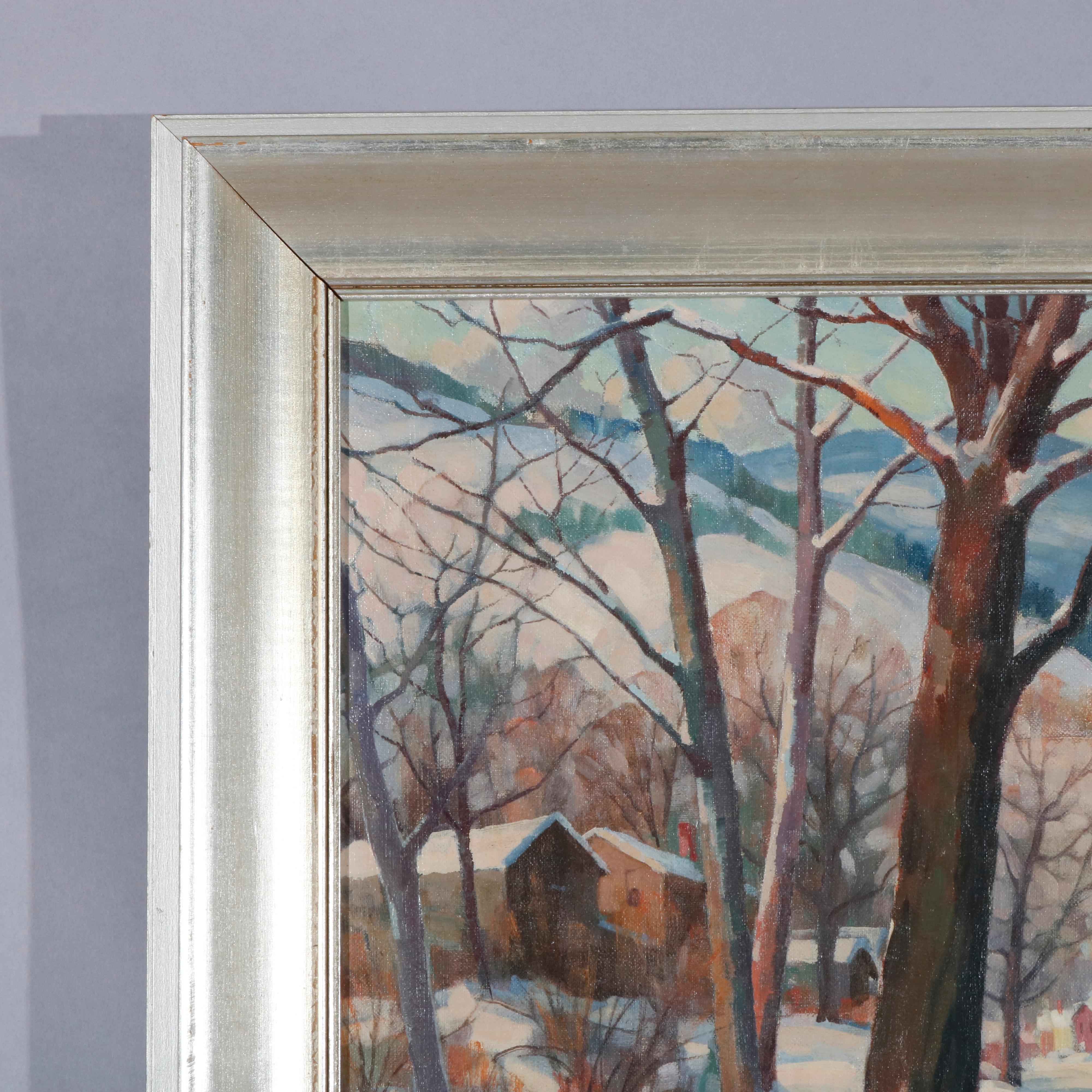 American Clifford Ulp Oil on Canvas Landscape Painting, Winter Village Scene, circa 1940
