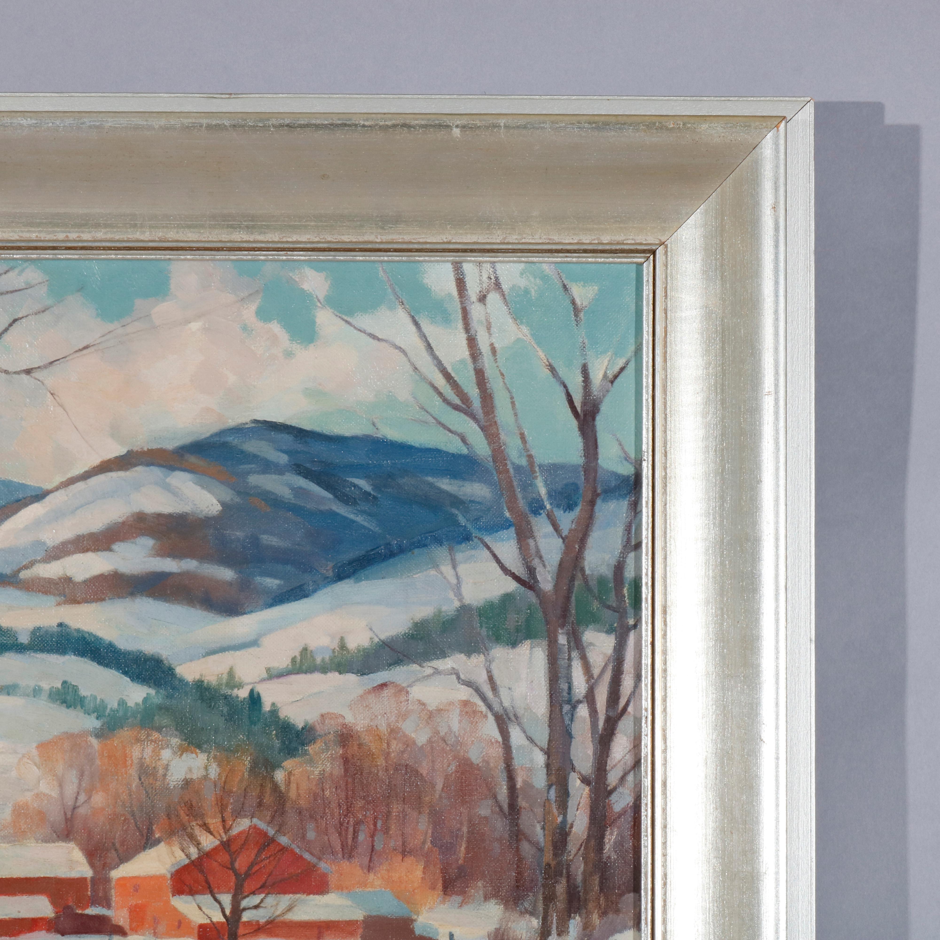 Hand-Painted Clifford Ulp Oil on Canvas Landscape Painting, Winter Village Scene, circa 1940