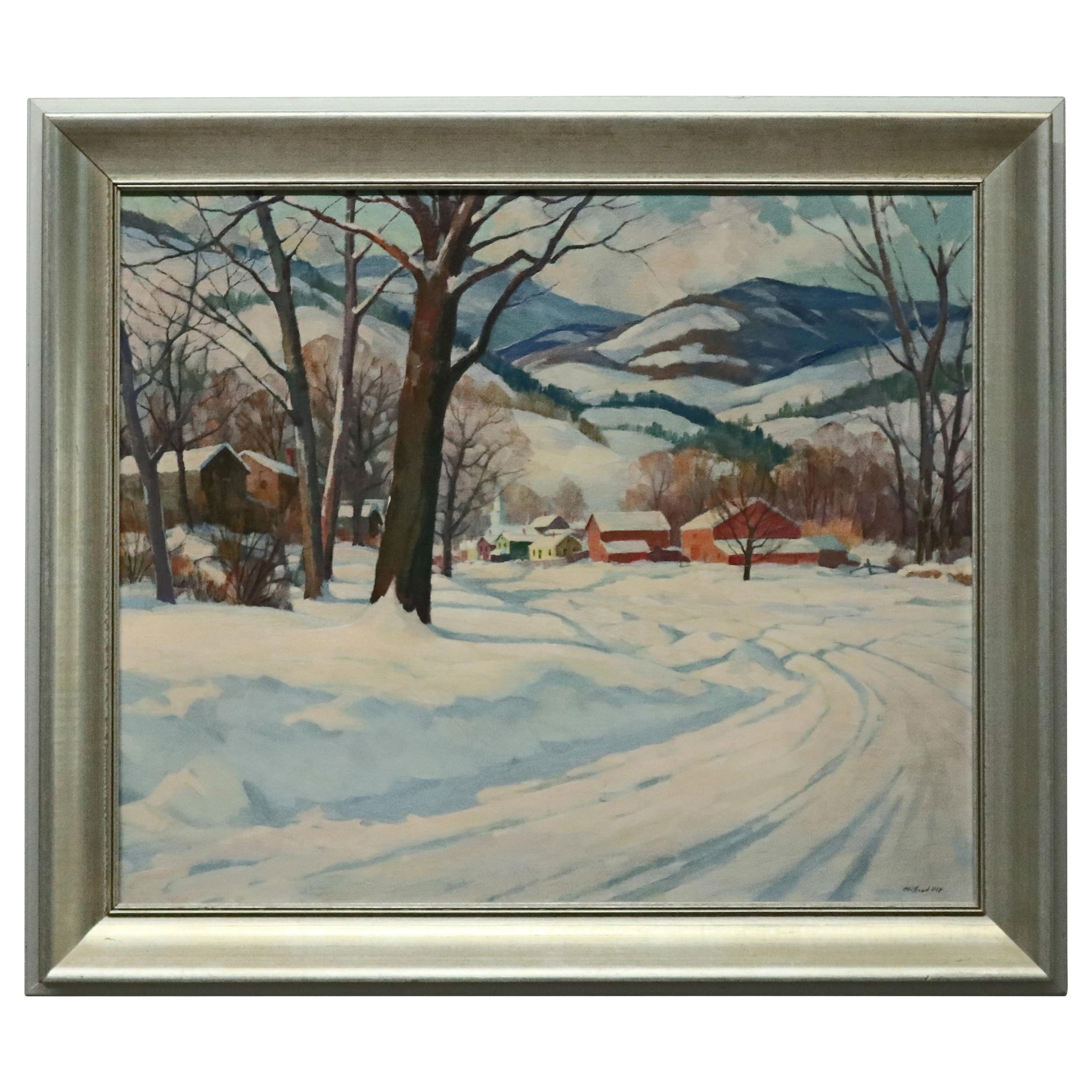 Clifford Ulp Oil on Canvas Landscape Painting, Winter Village Scene, circa 1940