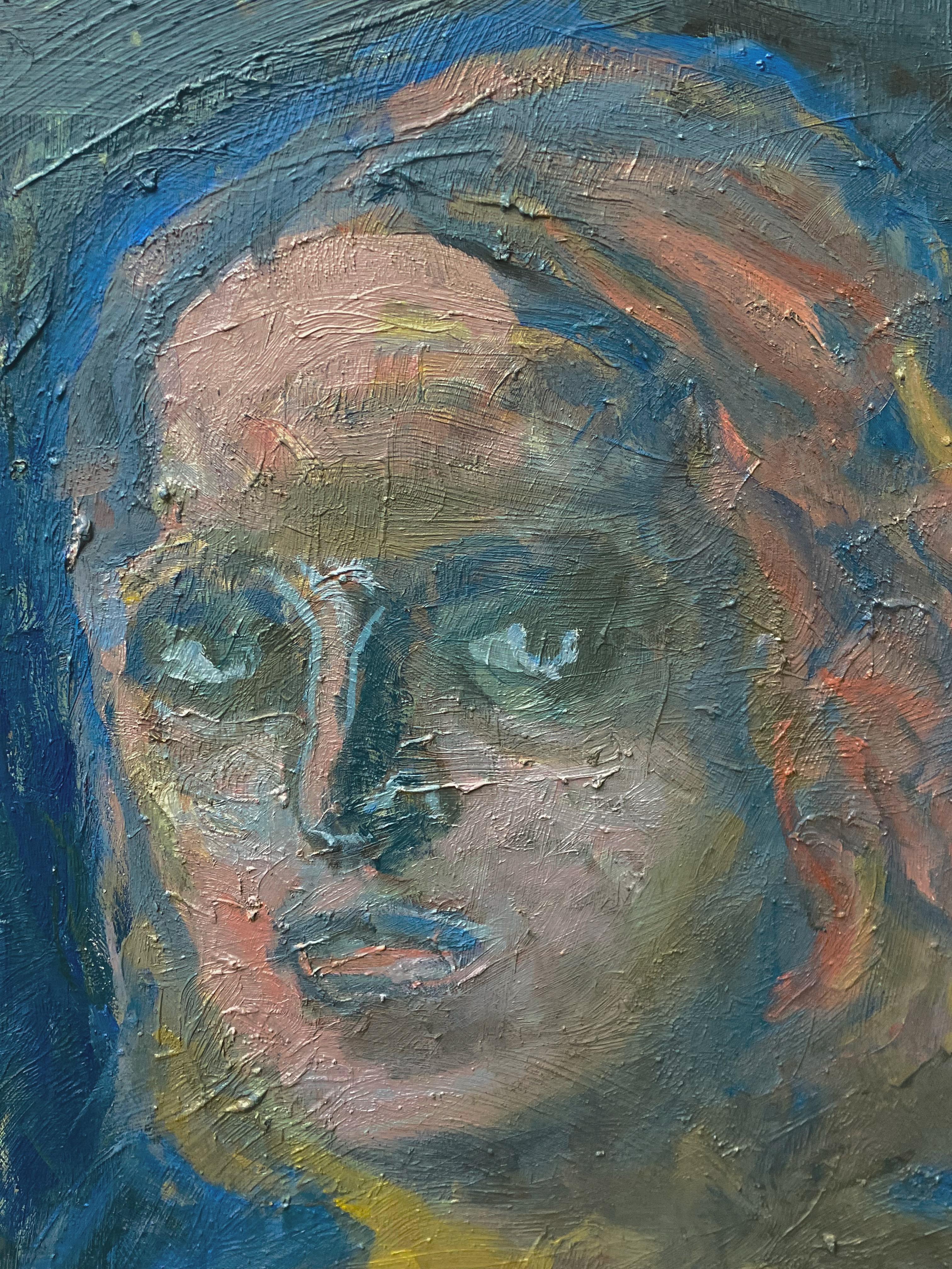 This expressive, figurative portrait is by Cliffton Peacock (1953-). The painting measures 40 x 34 inches (42 x 36 inches framed.) It is composed of oil on canvas. The painting is signed and dated (1991) on the reverse. As well, there is a gallery