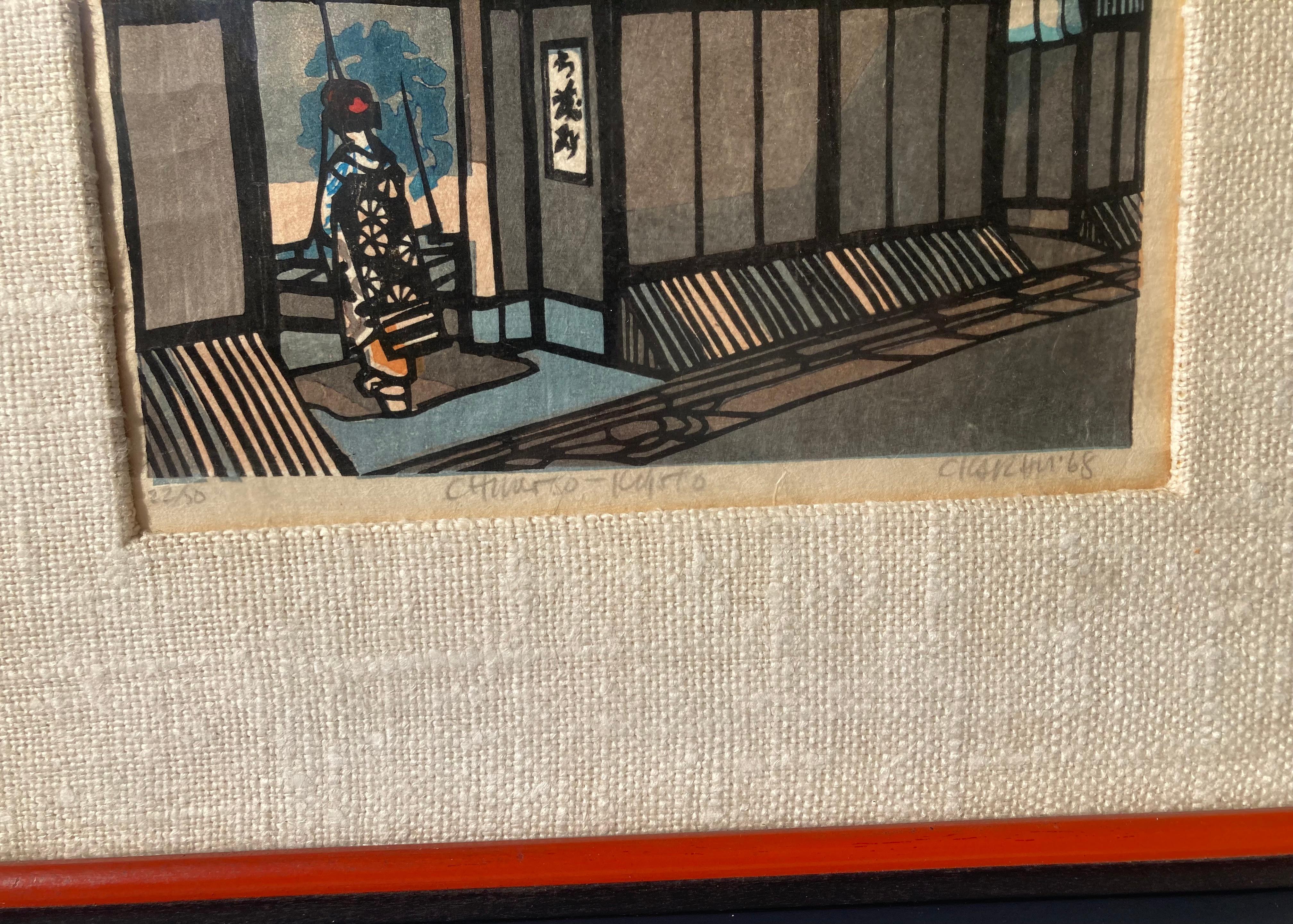 Schöner Holzschnitt des bekannten amerikanischen/japanischen Künstlers Clifton Karhu, signiert und datiert mit Bleistift am unteren Rand. Das Bild / Papier ist ca. 10,75 x 9,5 Zoll. NICHT AUSSERHALB DES RAHMENS UNTERSUCHT. Titel Chimoto.