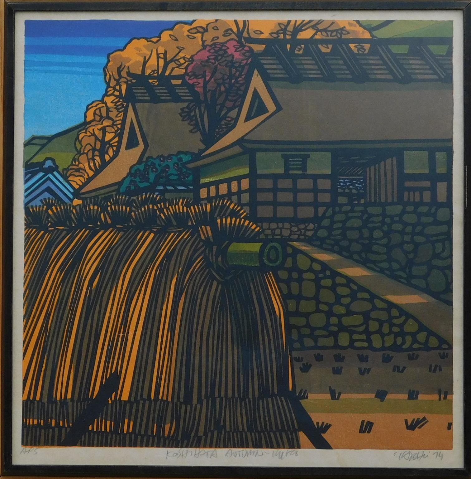 This beautiful, limited edition original color woodblock is by the famous 
Showa Shin Hanga woodblock master Clifton Karhu (1927-2007).
It bears the original frame and has a label on the back from a Tokyo gallery.
The work is a beautiful