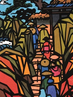 Edo Sojourn, Japanese, Wood cut, limited edition print, red, orange, back, blue