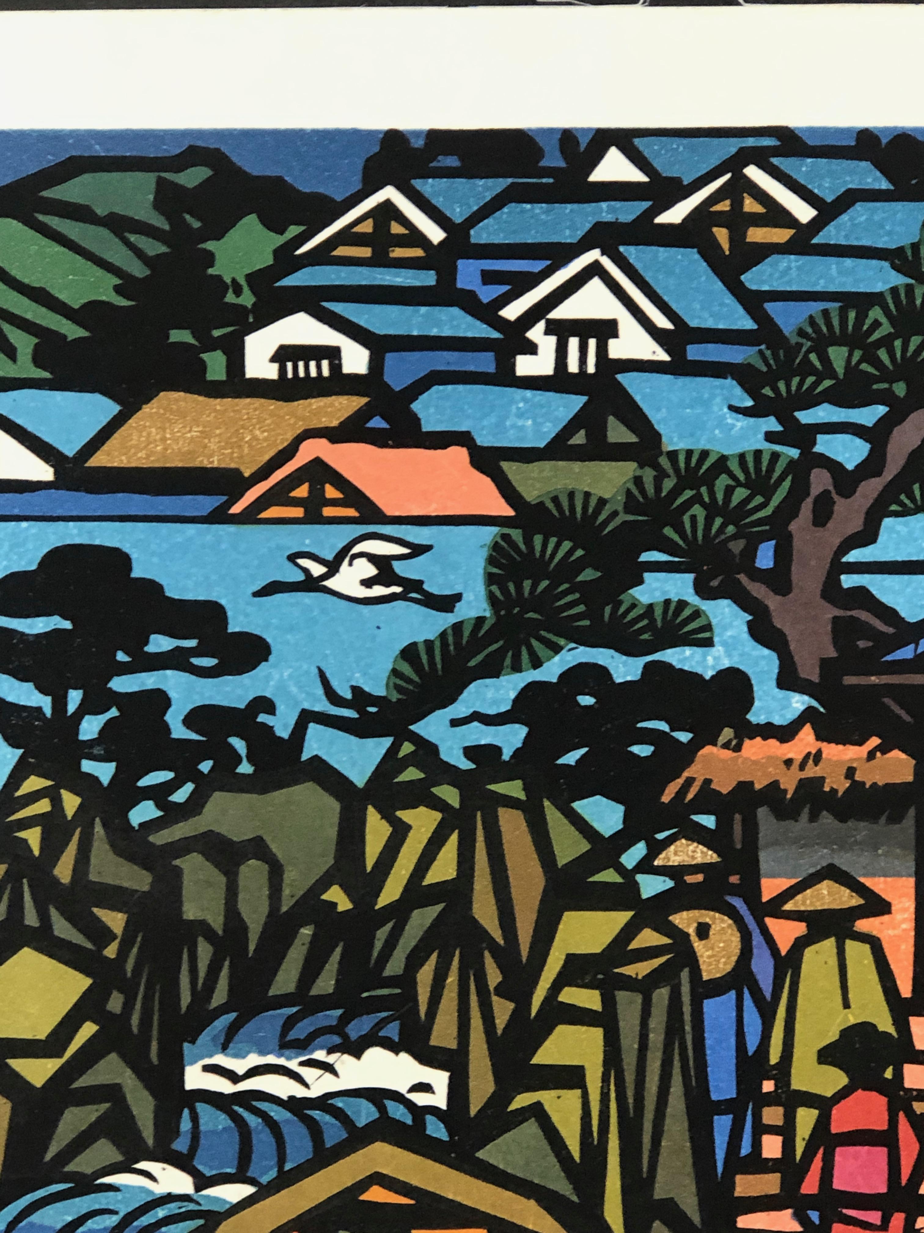 Edo Sojourn, Japanese, Wood cut, limited edition print, red, orange, back, blue - Contemporary Print by Clifton Karhu