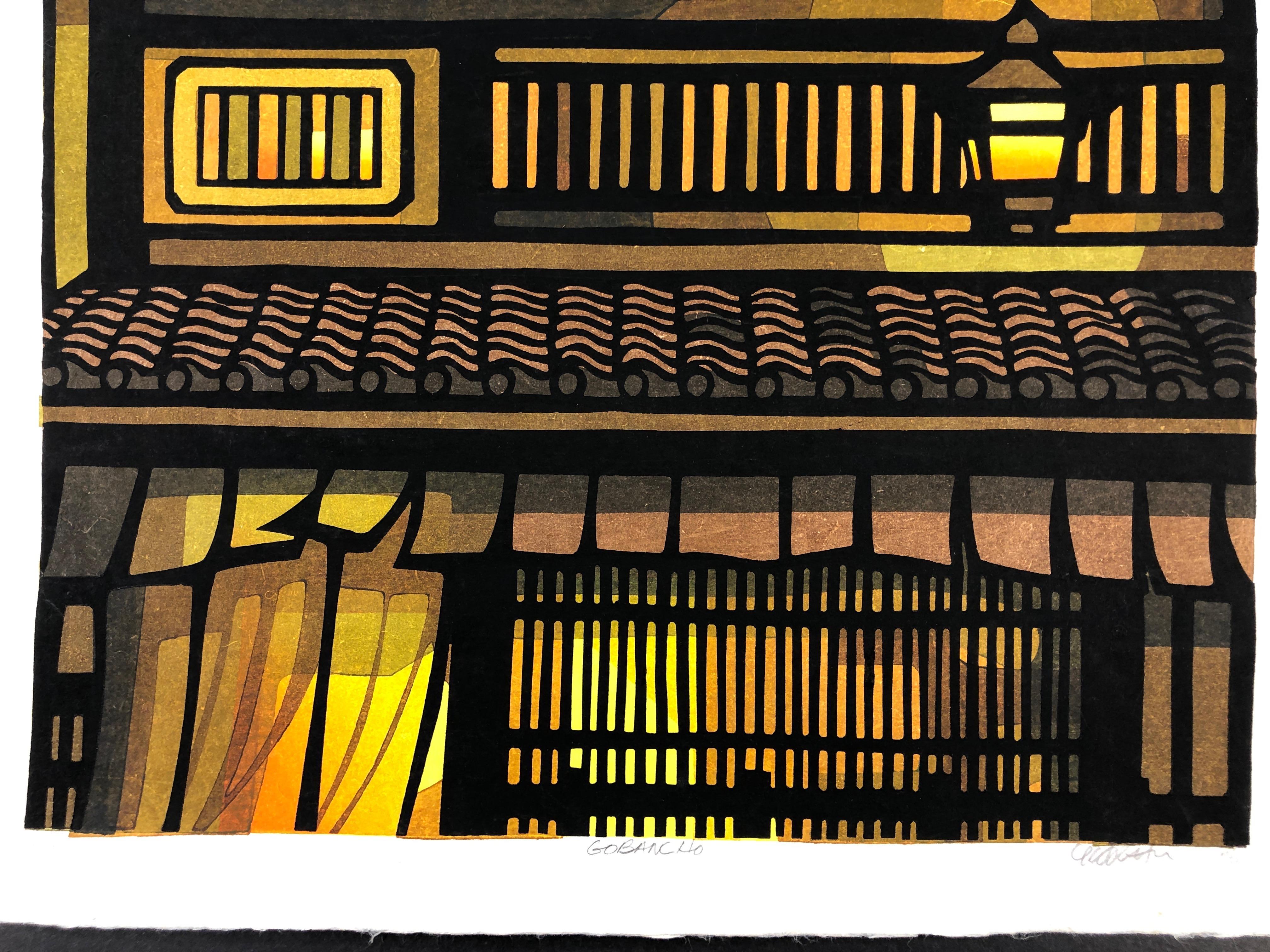 Gobancho, Japanese, woodblock print, limited edition, yellow, brown, green, night - Print by Clifton Karhu