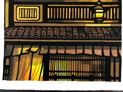 Gobancho, Japanese, woodblock print, limited edition, yellow, brown, green, night