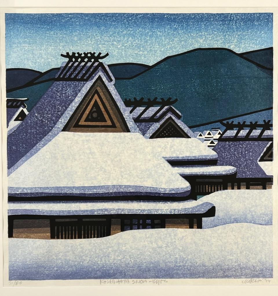 Koshihata Snow, woodblock print by Clifton Karhu, white, Japan, framed, signed For Sale 1