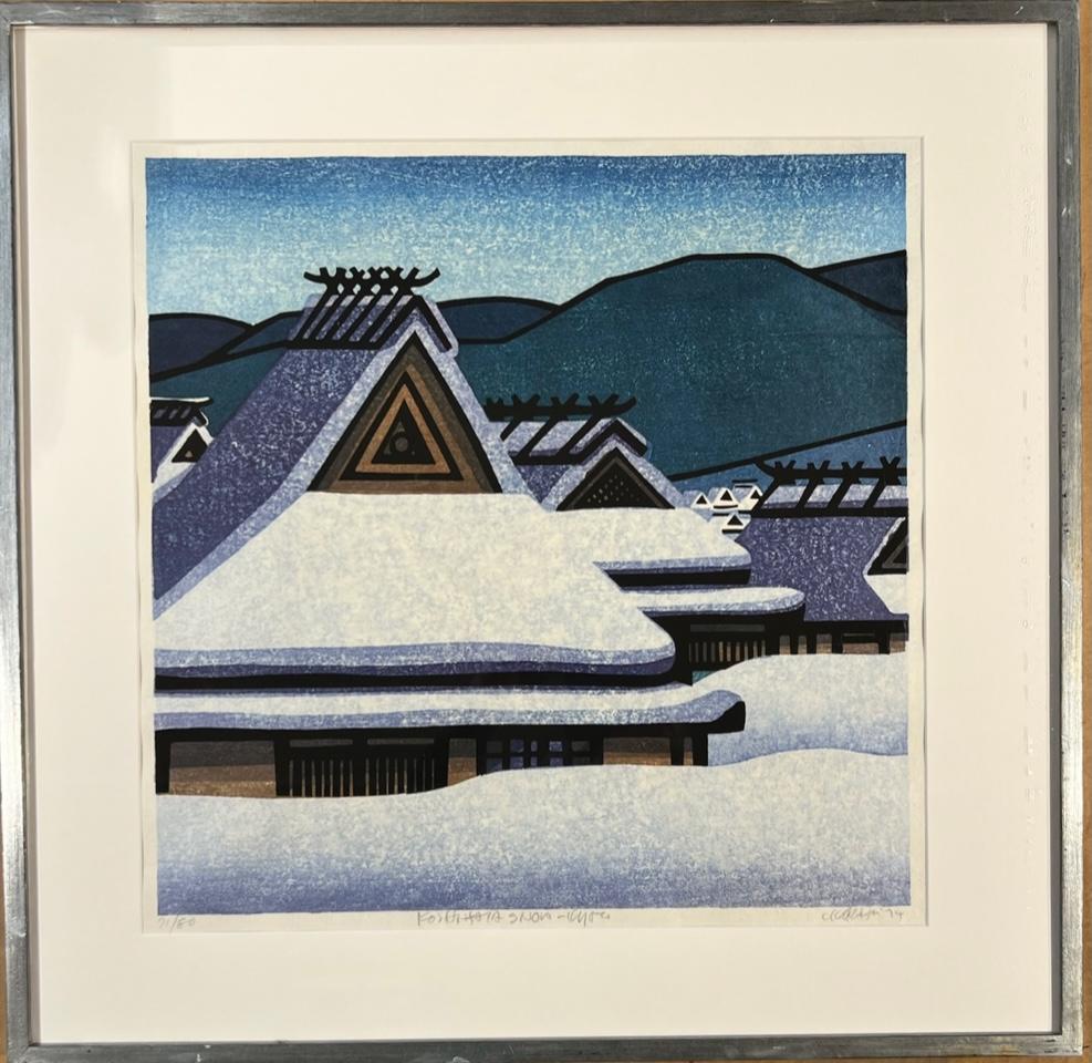 Koshihata Snow, woodblock print by Clifton Karhu, white, Japan, framed, signed 1975
hand signed and numbered