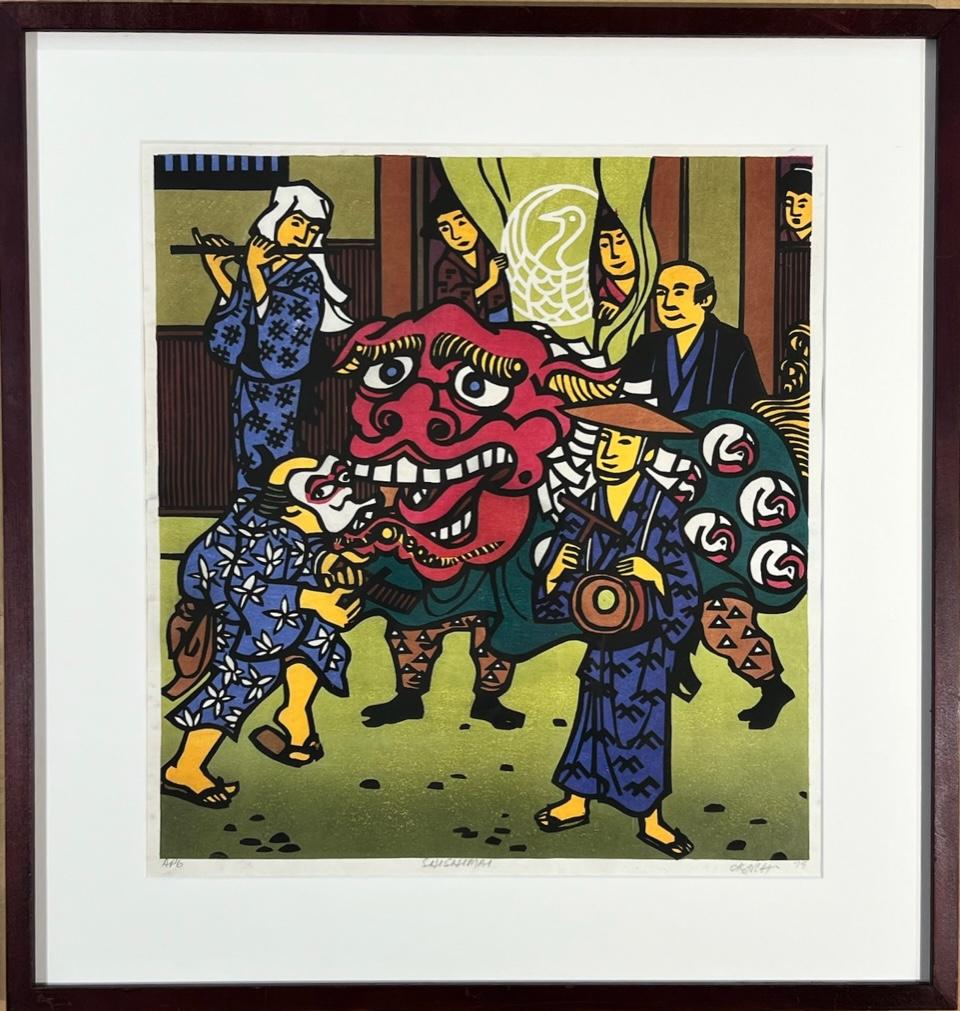 Shishimai, woodblock print by Clifton Karhu, figurative, red, blue, Japan, frame
AP6
Hand signed and numbered by the artist
slight smudge on bottom of frame