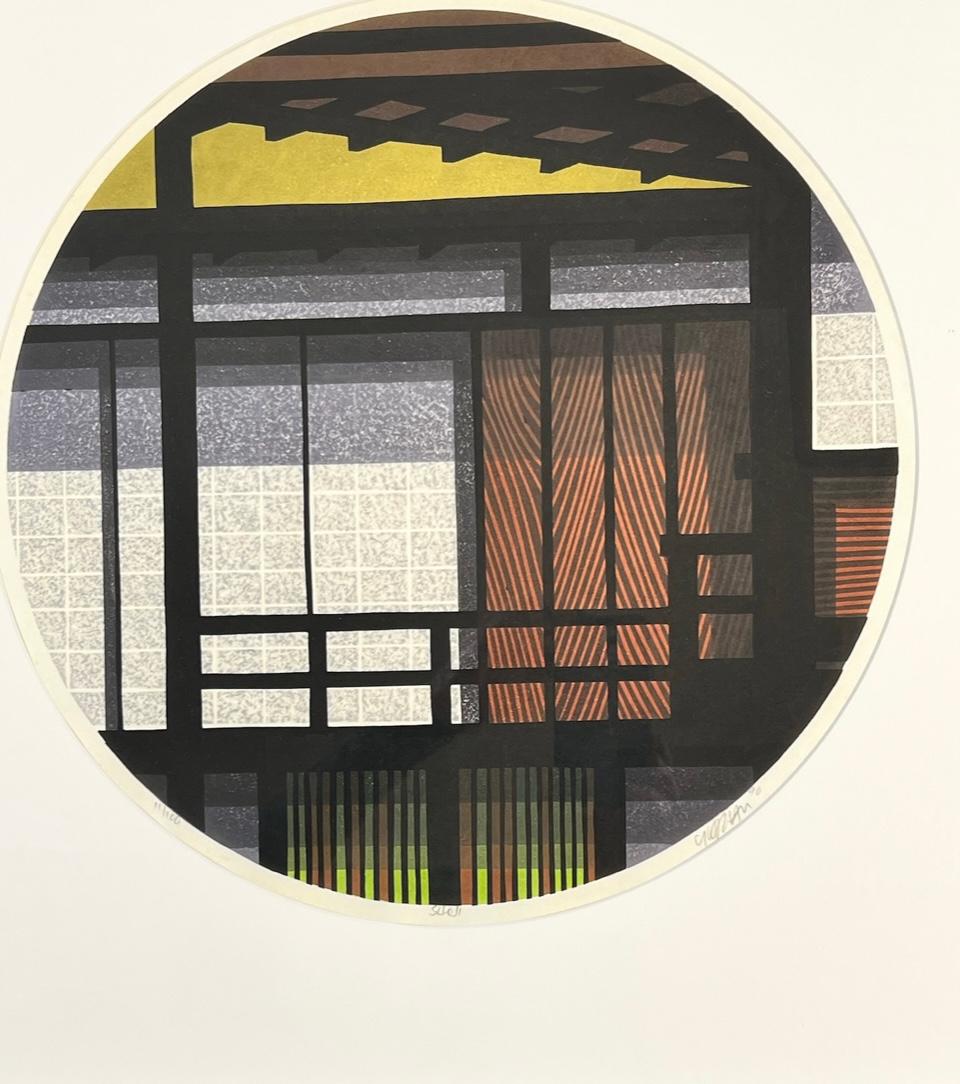 Shoji, woodblock print by Clifton Karhu, round, framed, brown, white, yellow For Sale 1