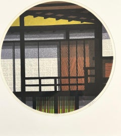 Shoji, stampa woodblock di Clifton Karhu, rotondo, incorniciato, marrone, bianco, giallo