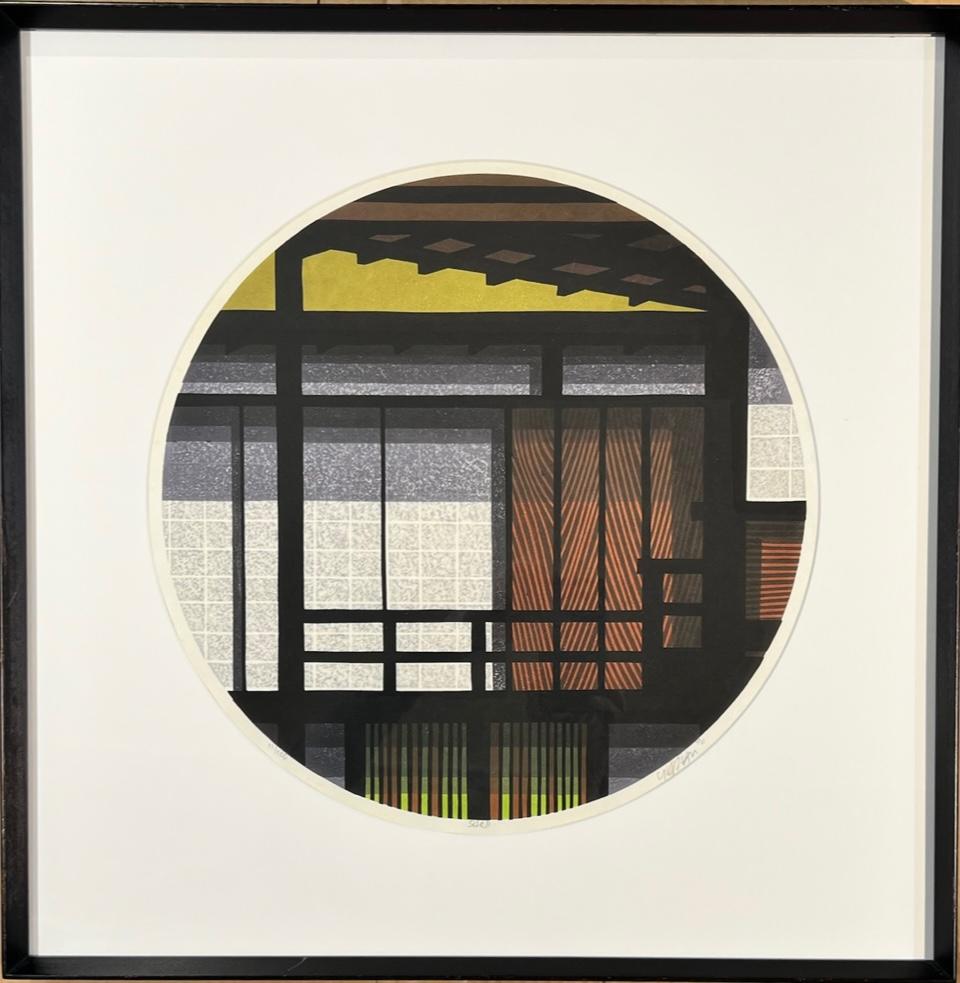 Shoji, woodblock print by Clifton Karhu, round, framed, brown, white, yellow
