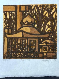 Shrine, wood block print, Japan, yellow, brown, black, graphic, Karhu
