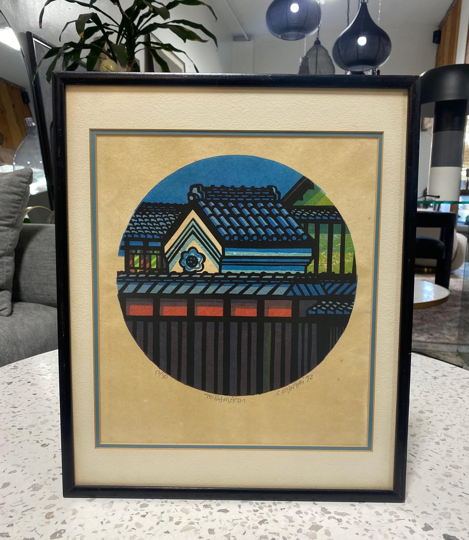 A beautiful, circular-shaped woodblock print by American master printmaker Clifton Karhu who lived in Japan for over 50 years. Karhu's work gained great esteem not only in Japan but worldwide. 

This limited edition print featuring a landmark