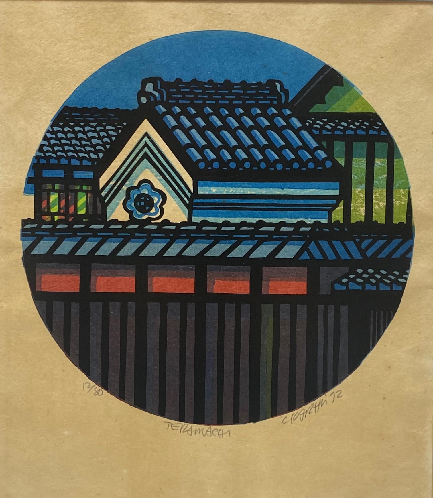 Showa Clifton Karhu Signed Limited Edition Japanese Woodblock Print Rooftop in Kyoto For Sale