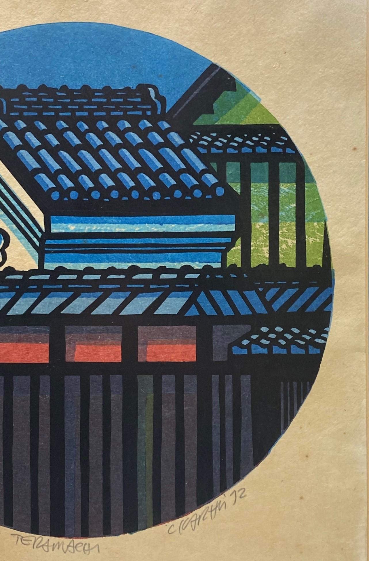 Late 20th Century Clifton Karhu Signed Limited Edition Japanese Woodblock Print Rooftop in Kyoto For Sale