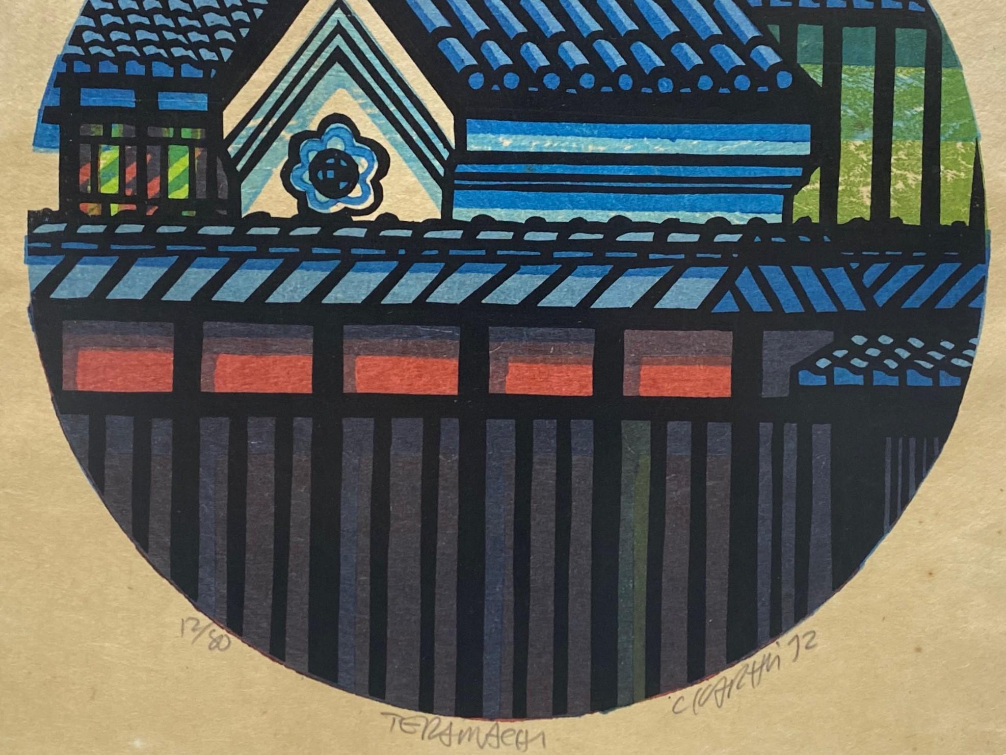 Clifton Karhu Signed Limited Edition Japanese Woodblock Print Rooftop in Kyoto For Sale 1
