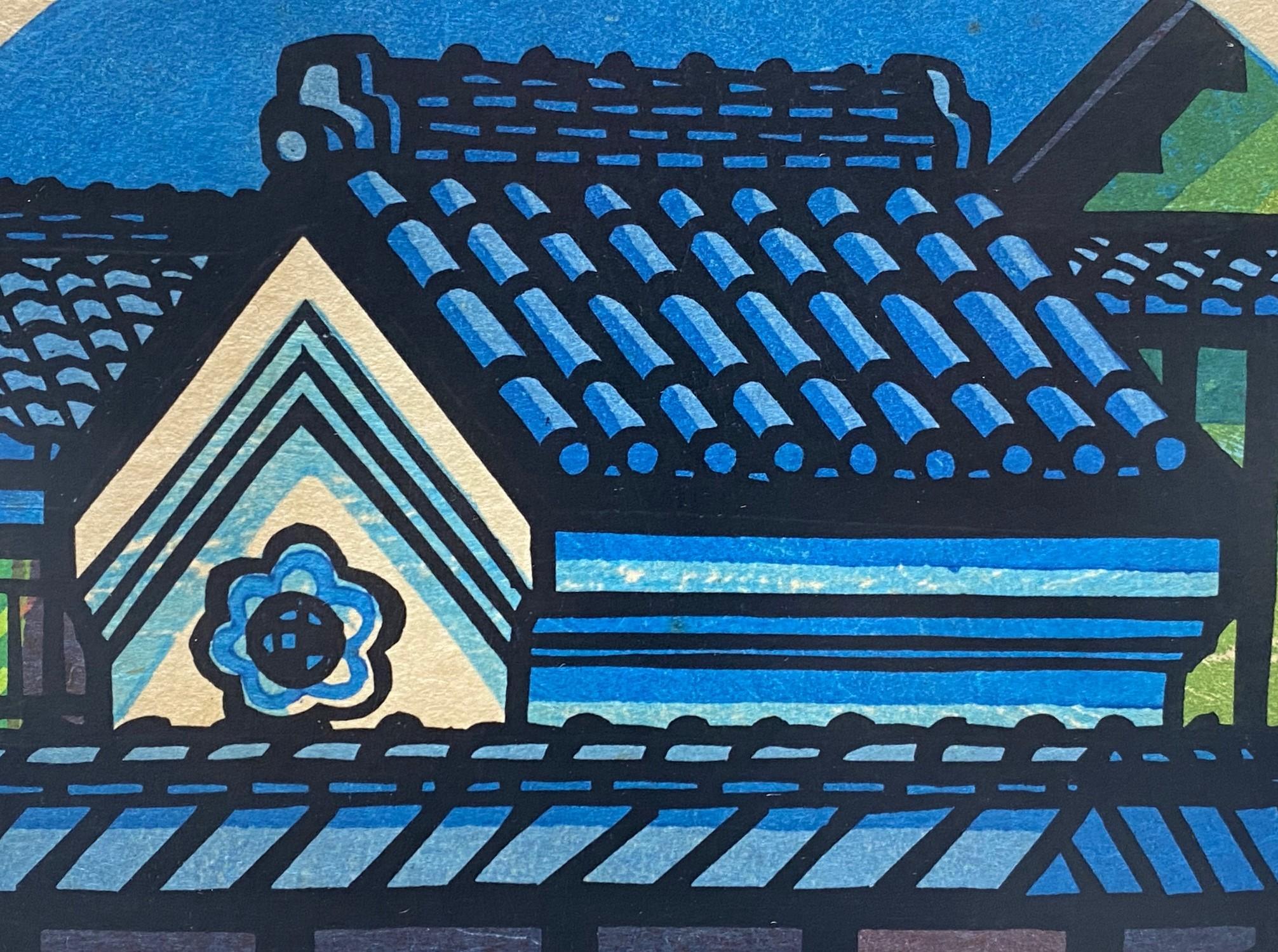 Clifton Karhu Signed Limited Edition Japanese Woodblock Print Rooftop in Kyoto For Sale 2
