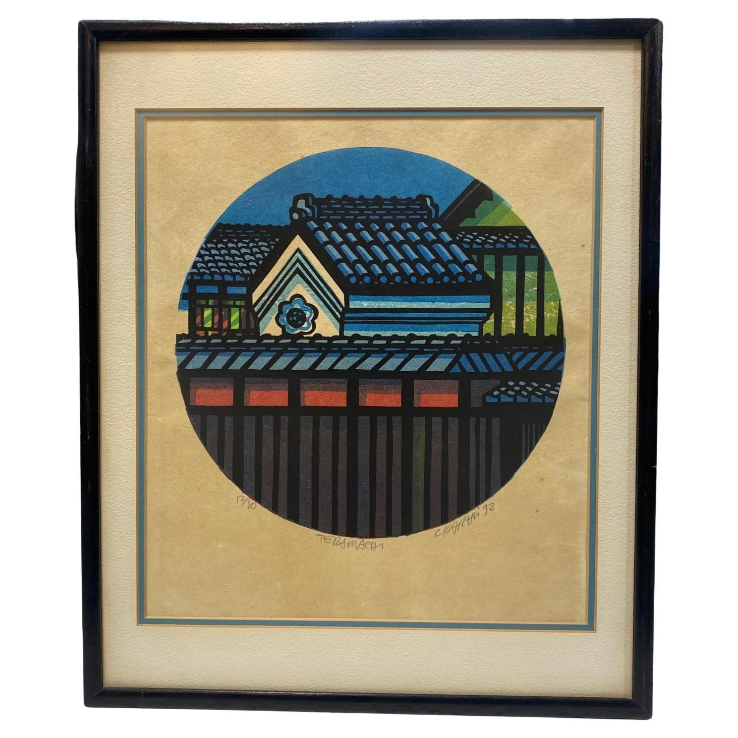 Clifton Karhu Signed Limited Edition Japanese Woodblock Print Rooftop in Kyoto For Sale