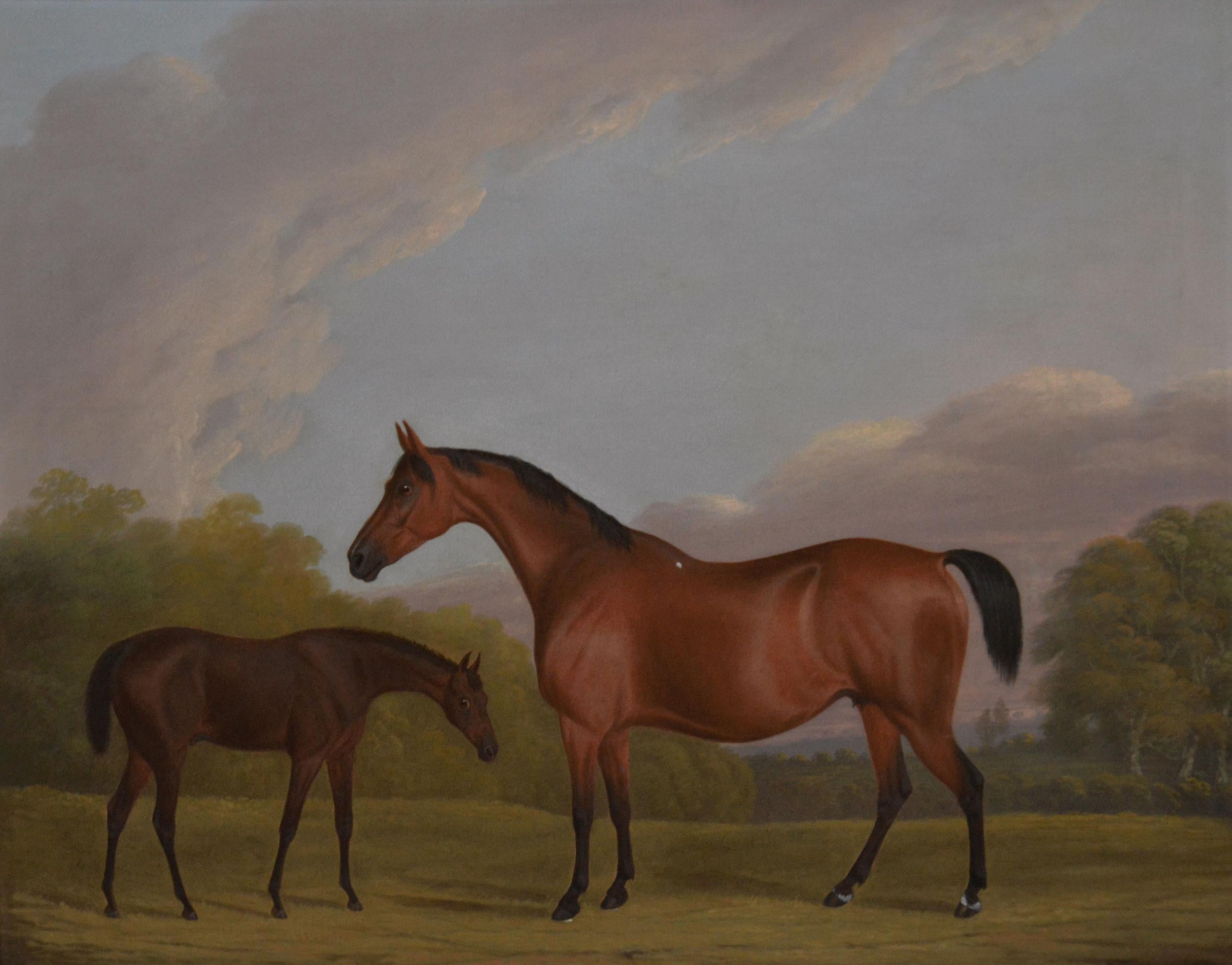 19th Century sporting horse portrait oil painting of a bay hunter & foal - Painting by Clifton Tomson