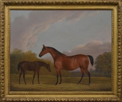 19th Century sporting horse portrait oil painting of a bay hunter & foal