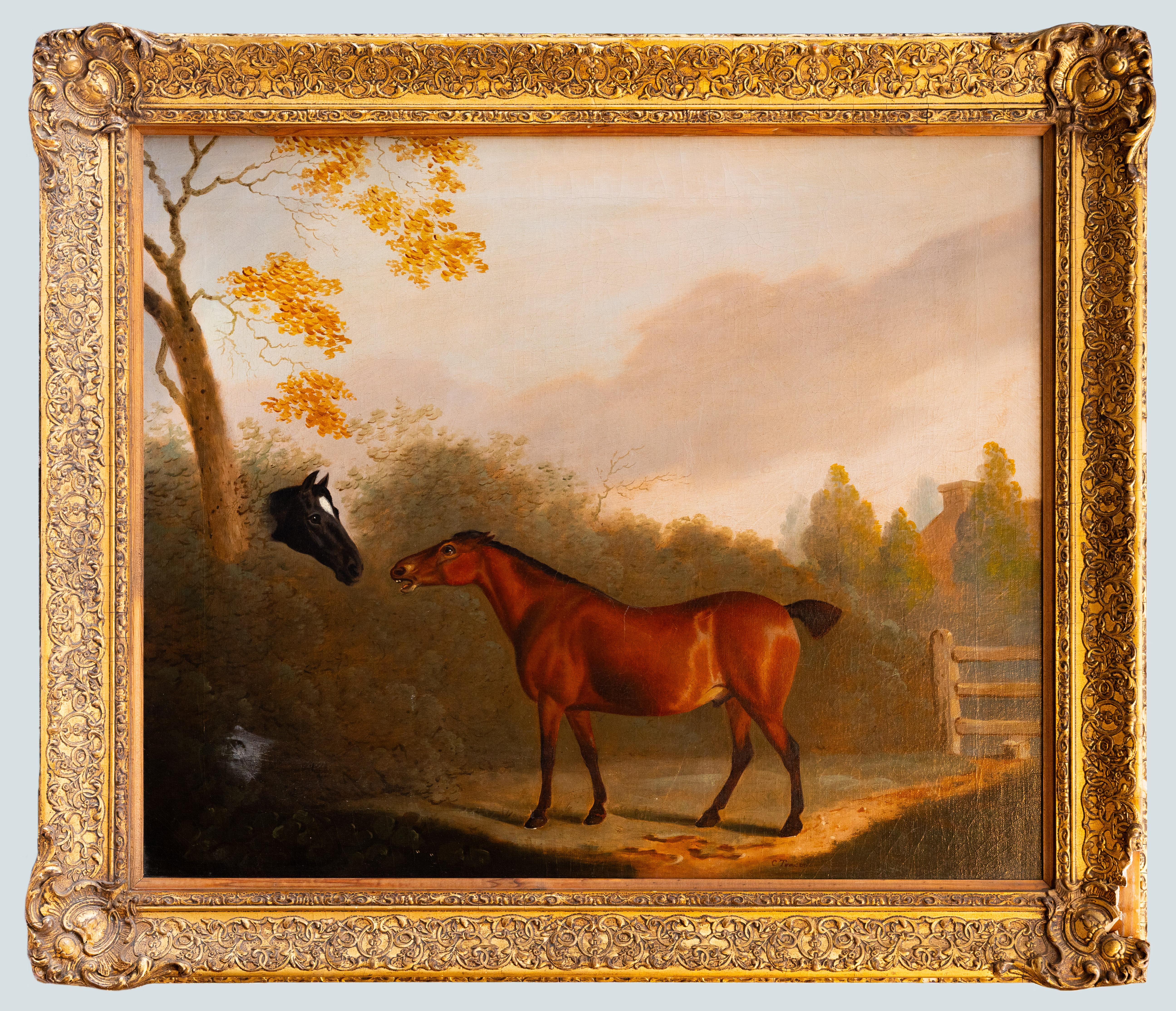 19th Century English School Oil Painting of Two Horses, Framed