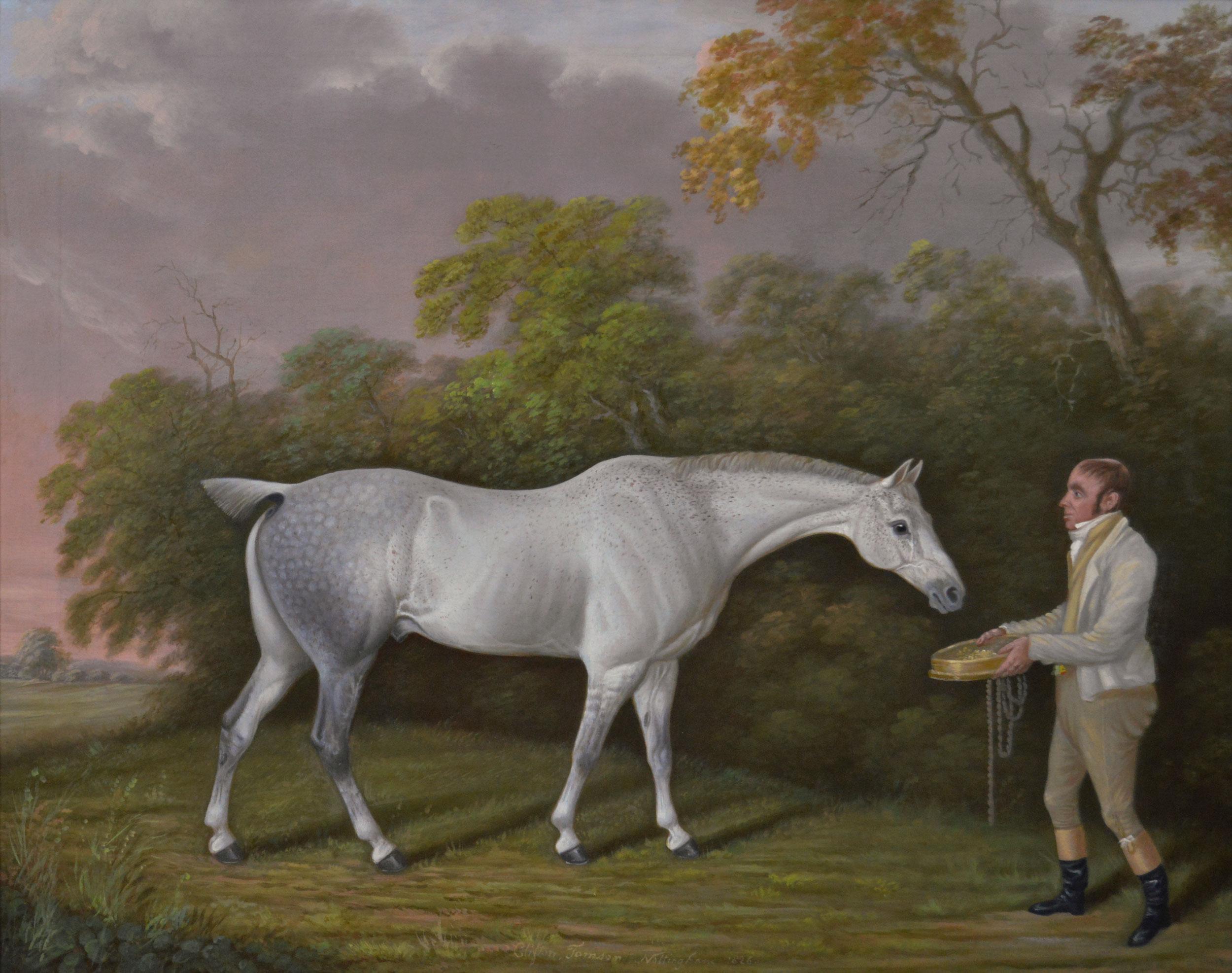 Peinture à l'huile d'un cheval et d'un palefrenier, début du 19e siècle, portrait d'un cheval de sport - Painting de Clifton Tomson