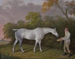 Peinture à l'huile d'un cheval et d'un palefrenier, début du 19e siècle, portrait d'un cheval de sport