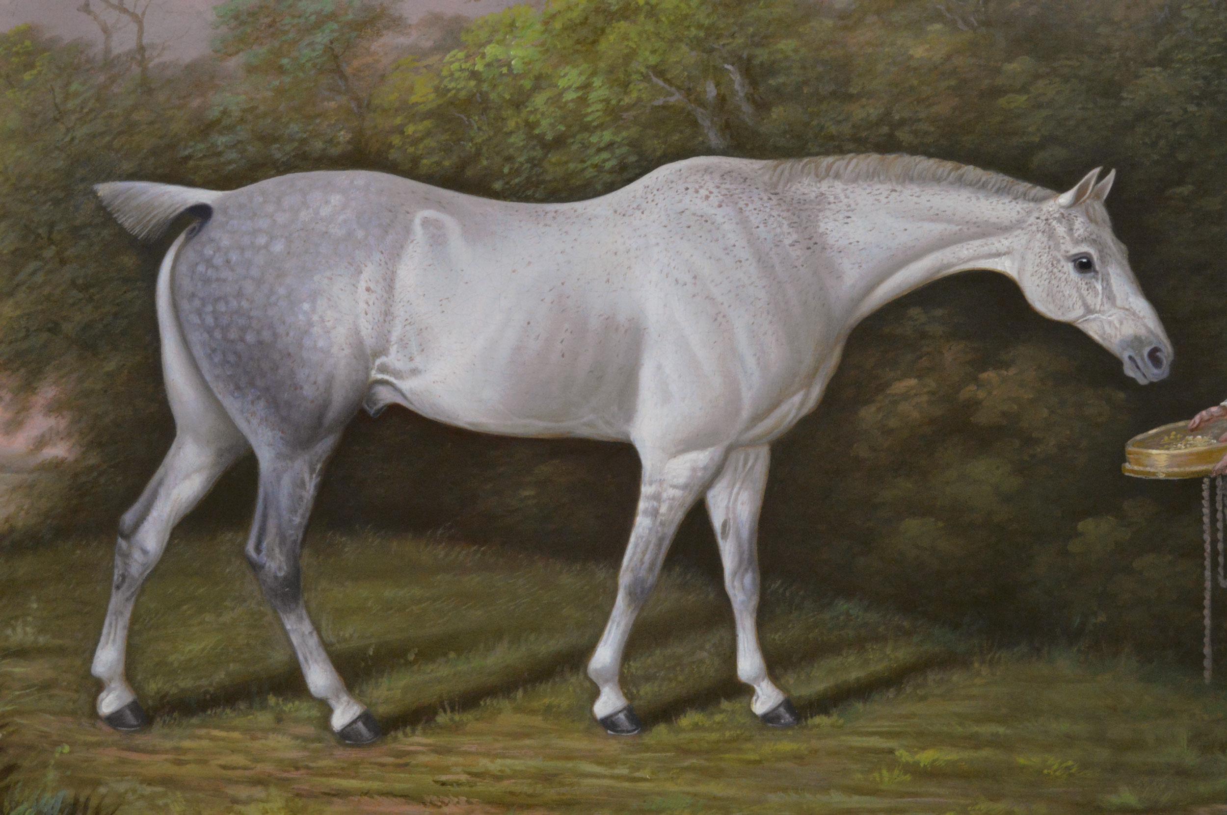 Peinture à l'huile d'un cheval et d'un palefrenier, début du 19e siècle, portrait d'un cheval de sport - Marron Animal Painting par Clifton Tomson