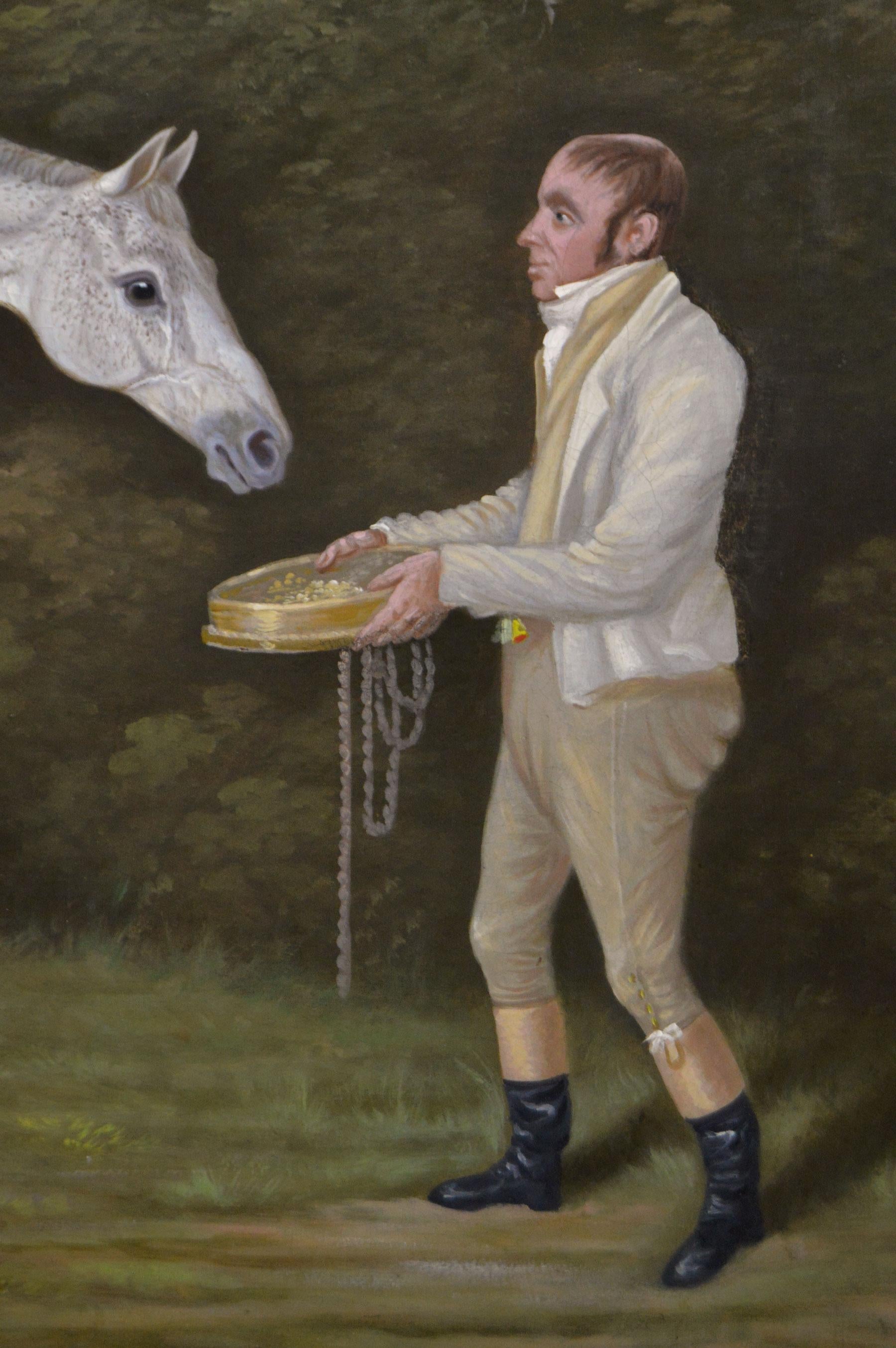 Peinture à l'huile d'un cheval et d'un palefrenier, début du 19e siècle, portrait d'un cheval de sport en vente 1