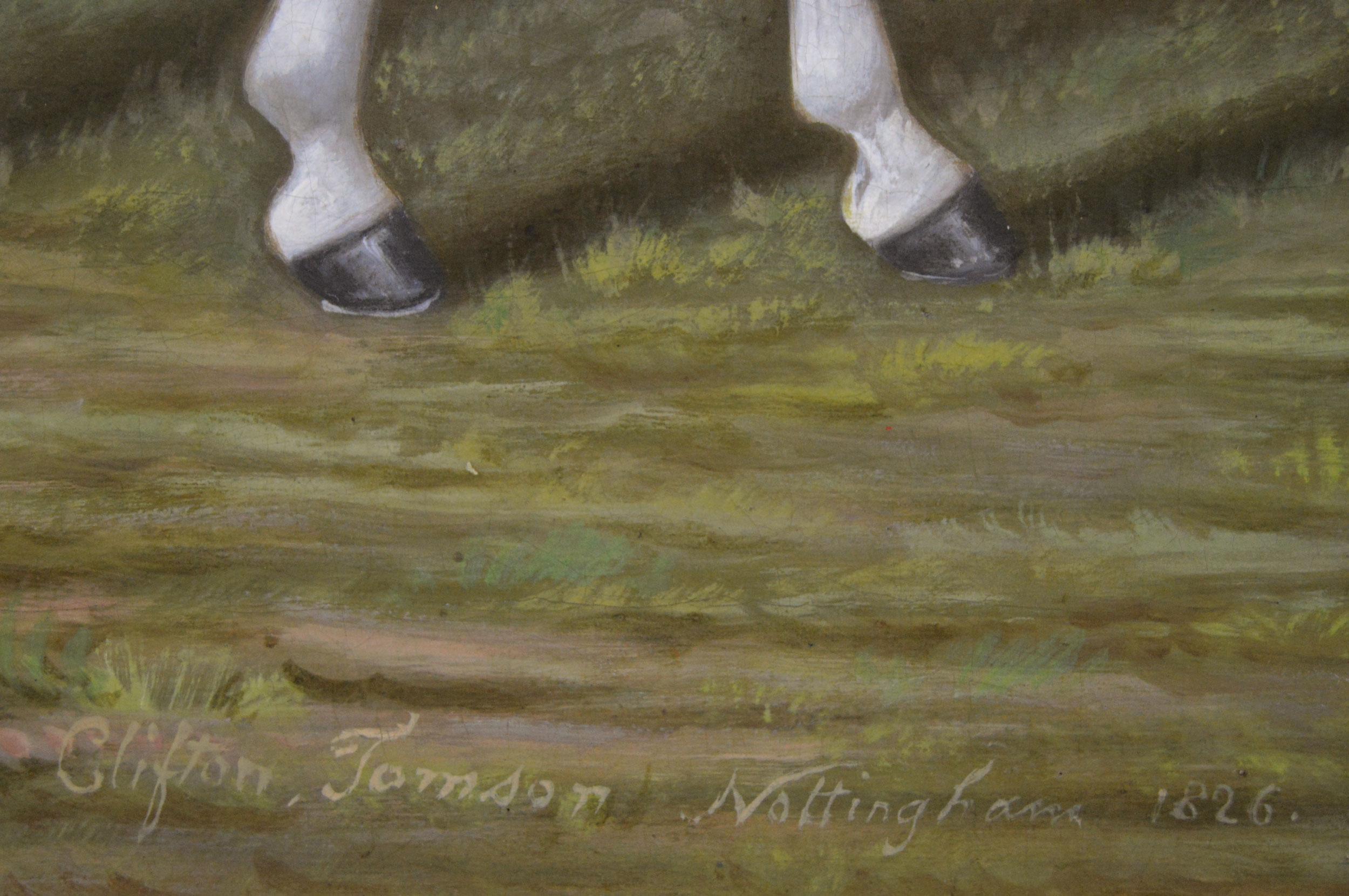 Peinture à l'huile d'un cheval et d'un palefrenier, début du 19e siècle, portrait d'un cheval de sport en vente 2