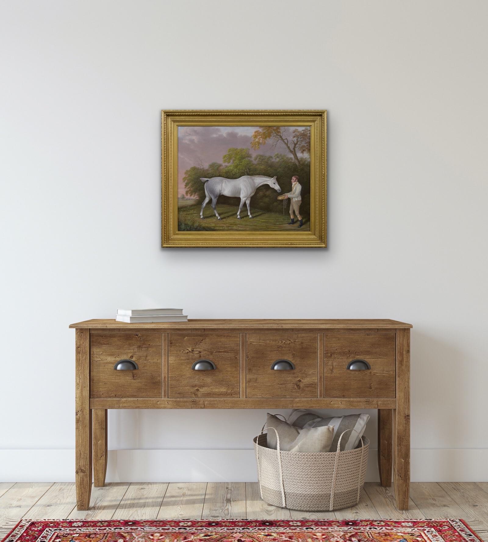Peinture à l'huile d'un cheval et d'un palefrenier, début du 19e siècle, portrait d'un cheval de sport en vente 3