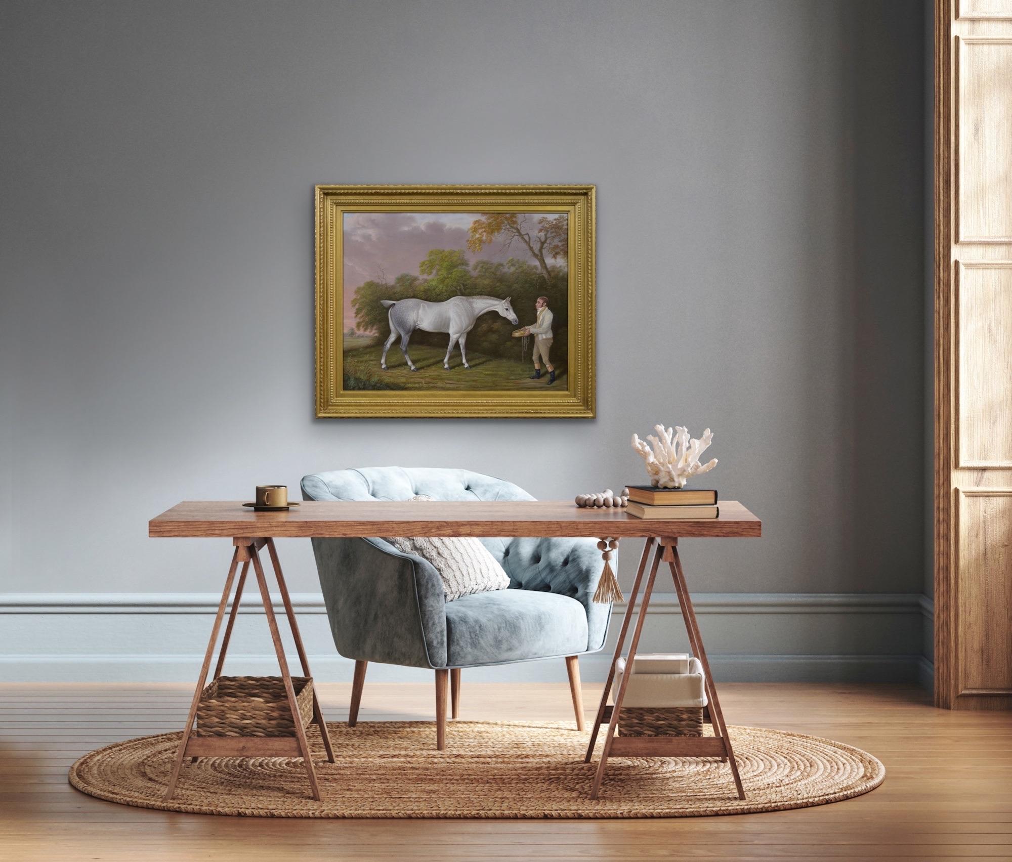 Peinture à l'huile d'un cheval et d'un palefrenier, début du 19e siècle, portrait d'un cheval de sport en vente 4