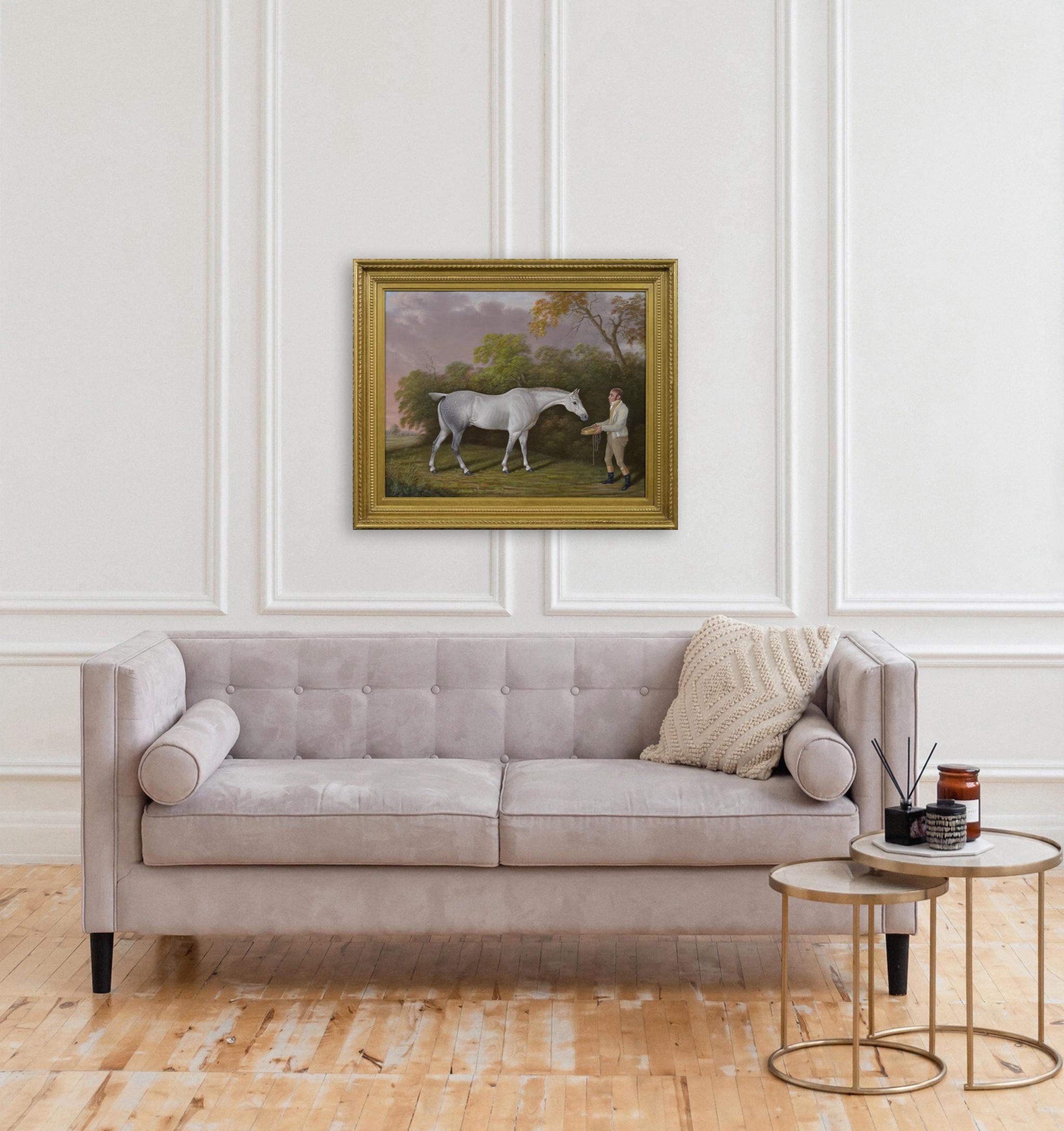 Peinture à l'huile d'un cheval et d'un palefrenier, début du 19e siècle, portrait d'un cheval de sport en vente 5