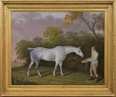 Early 19th Century sporting horse portrait oil painting of a horse & groom