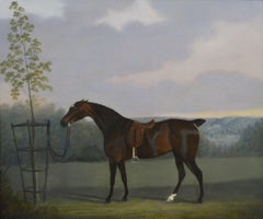 Peinture à l'huile de style sportif du début du 19e siècle représentant un cheval dans un paysage