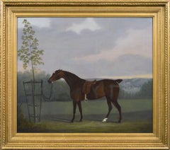 Peinture à l'huile de style sportif du début du 19e siècle représentant un cheval dans un paysage
