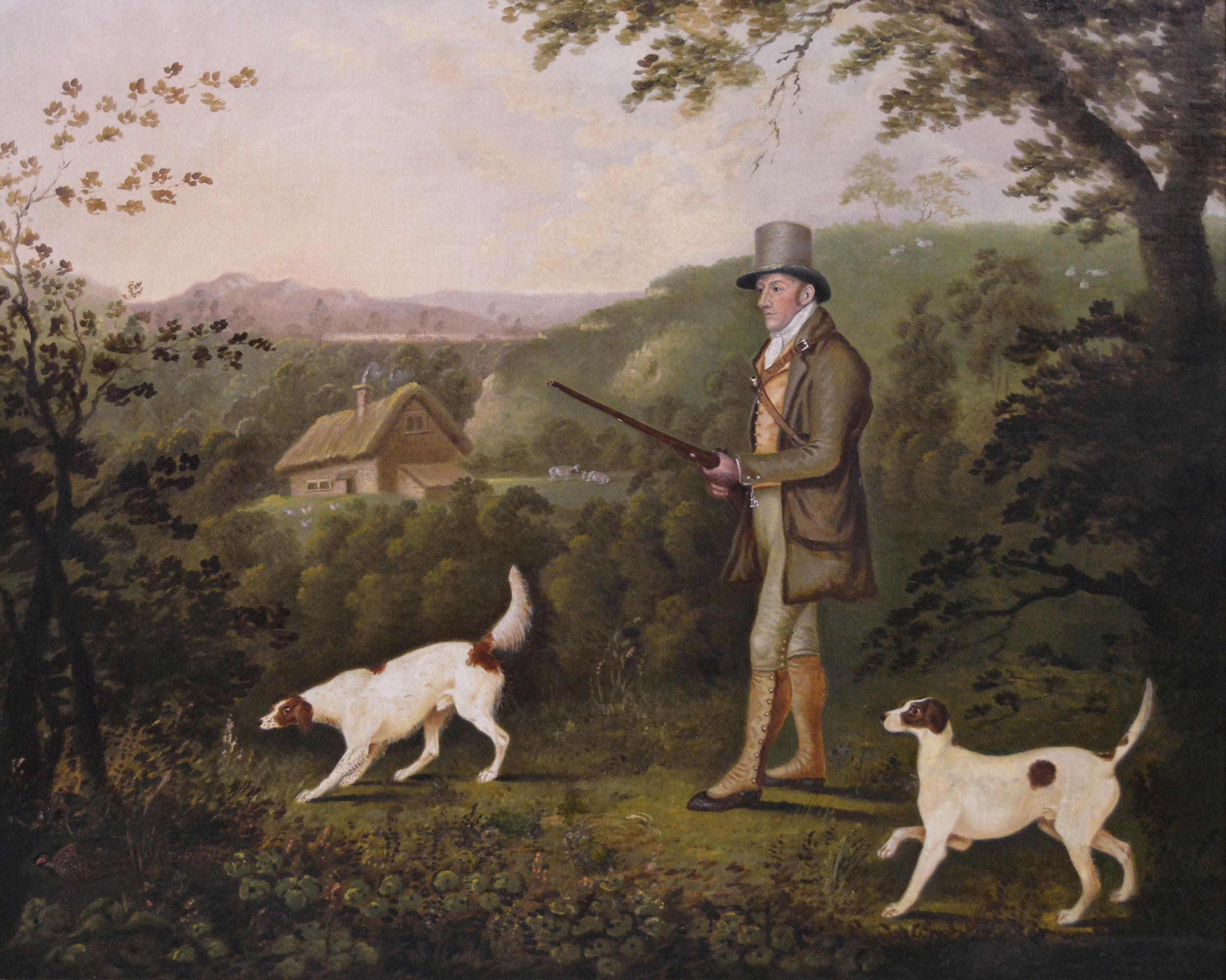 Peinture à l'huile du début du 19e siècle représentant un homme avec des chiens et des faisans - Painting de Clifton Tomson