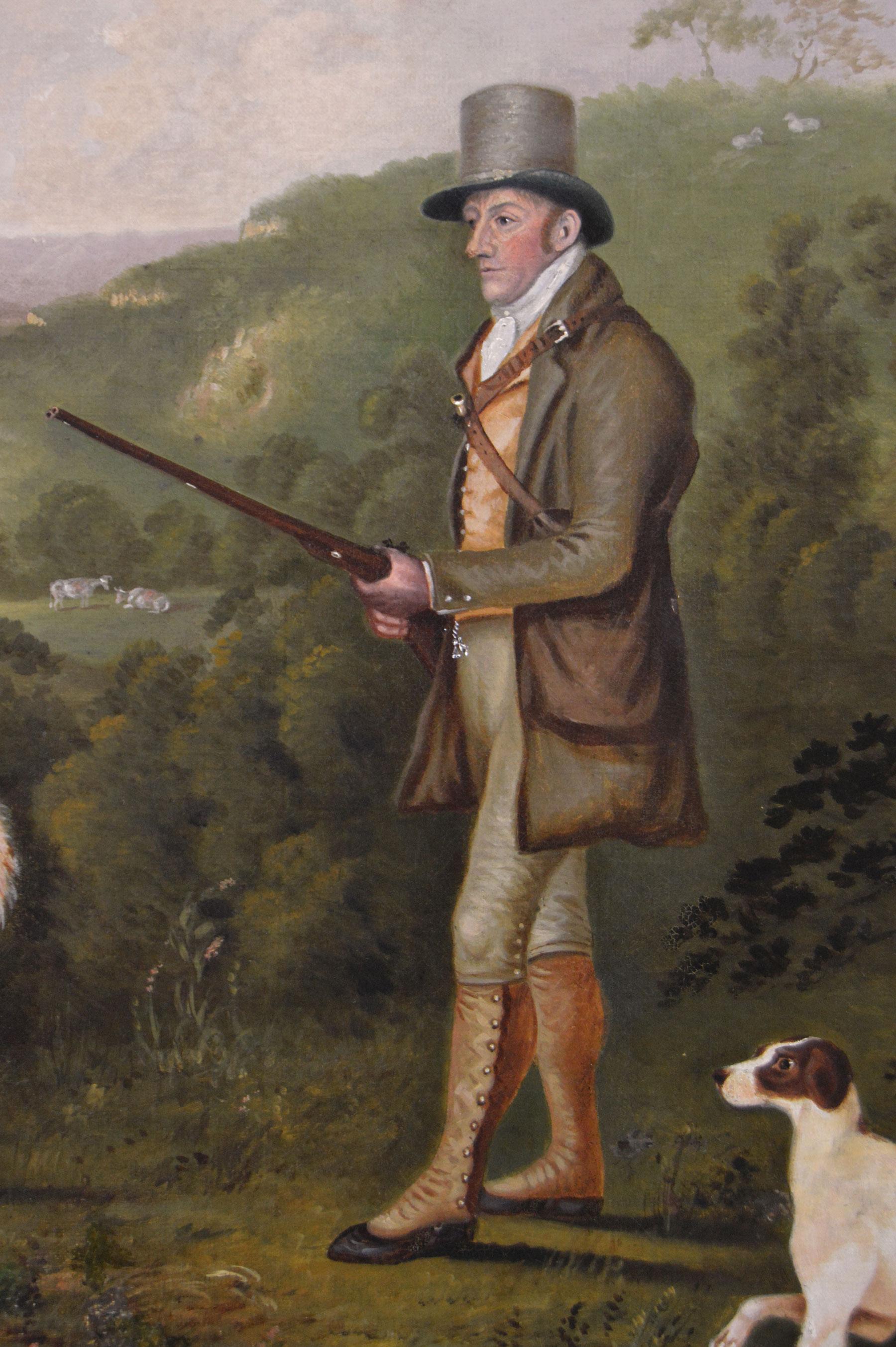 Peinture à l'huile du début du 19e siècle représentant un homme avec des chiens et des faisans - Marron Animal Painting par Clifton Tomson