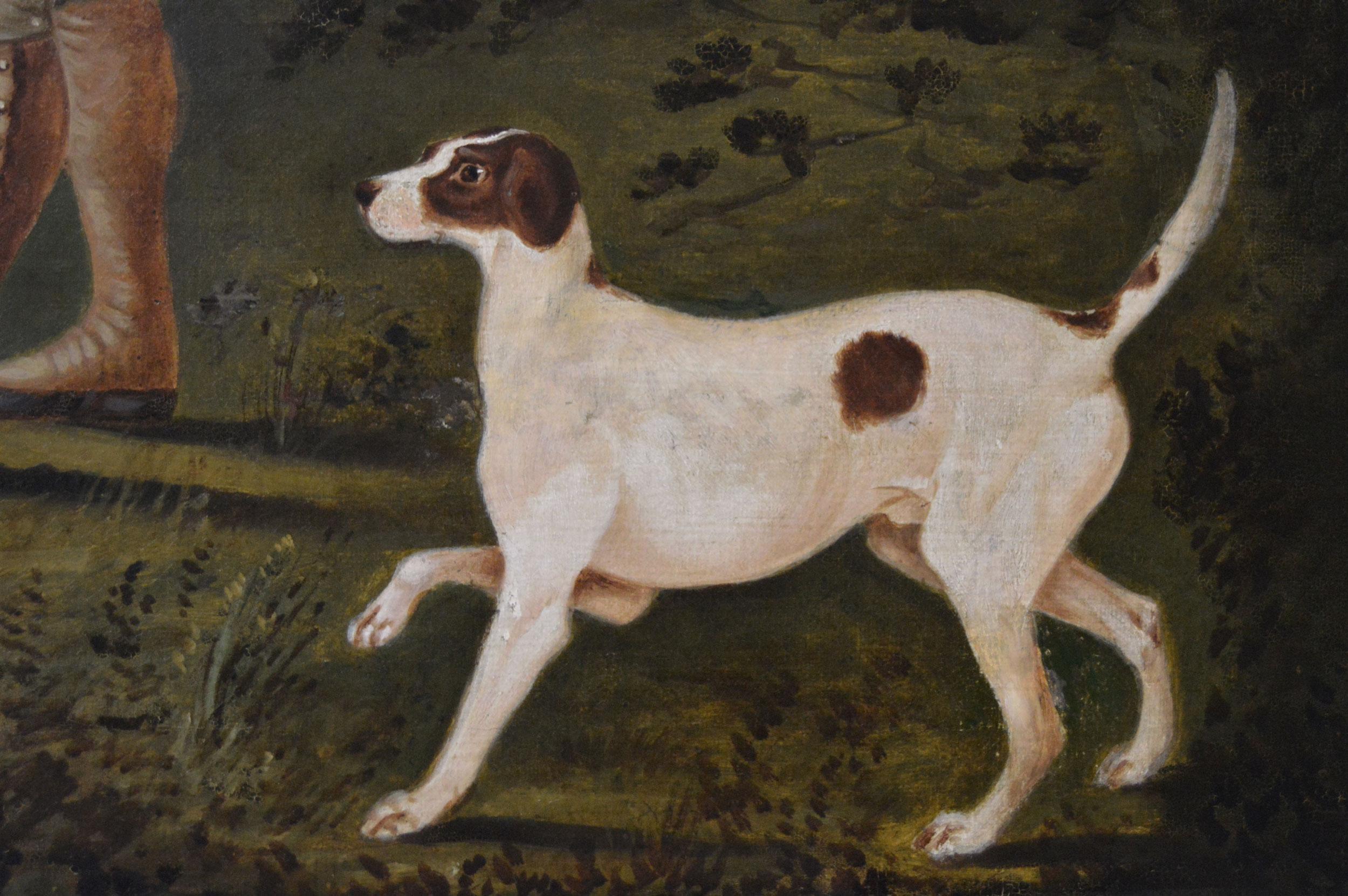 Peinture à l'huile du début du 19e siècle représentant un homme avec des chiens et des faisans 1