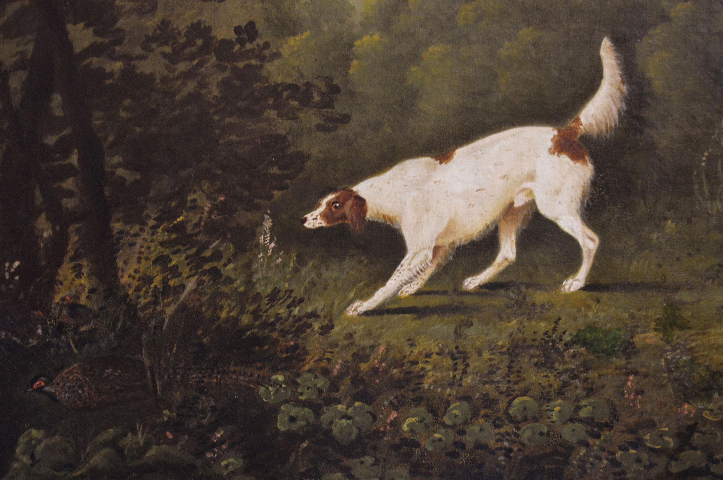 Peinture à l'huile du début du 19e siècle représentant un homme avec des chiens et des faisans 2