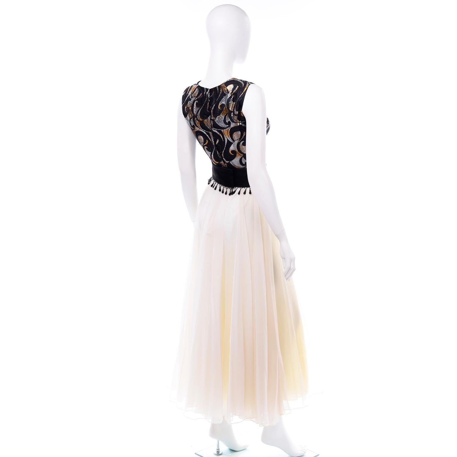 Clifton Wilhite Vintage Metallic Lamé + White Silk Chiffon Dress w/ Tassel Belt In Excellent Condition In Portland, OR
