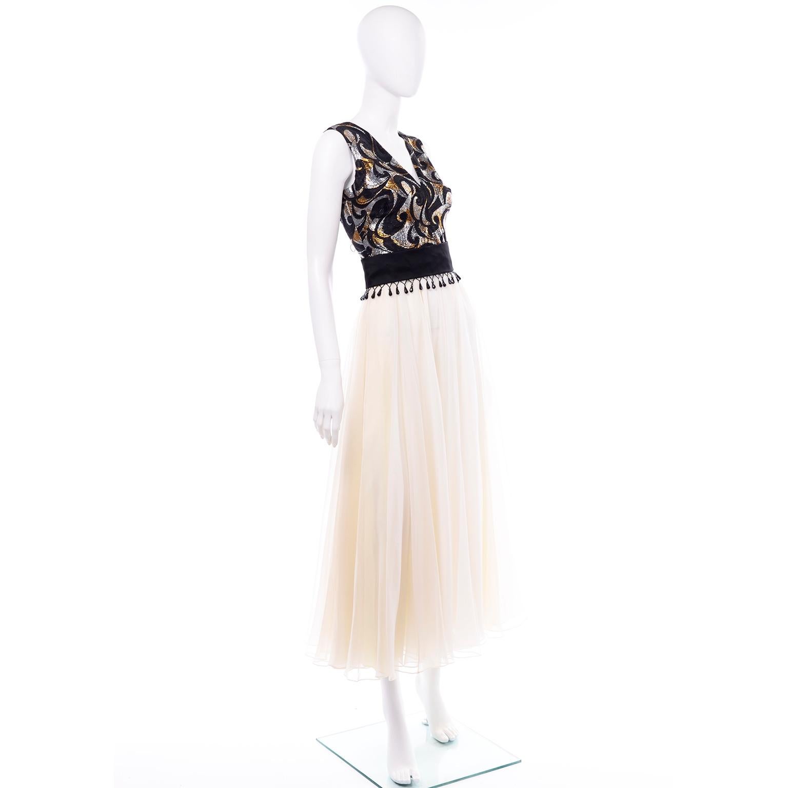 Women's Clifton Wilhite Vintage Metallic Lamé + White Silk Chiffon Dress w/ Tassel Belt