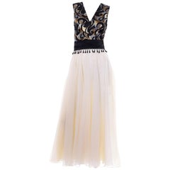 Clifton Wilhite Vintage Metallic Lamé + White Silk Chiffon Dress w/ Tassel Belt