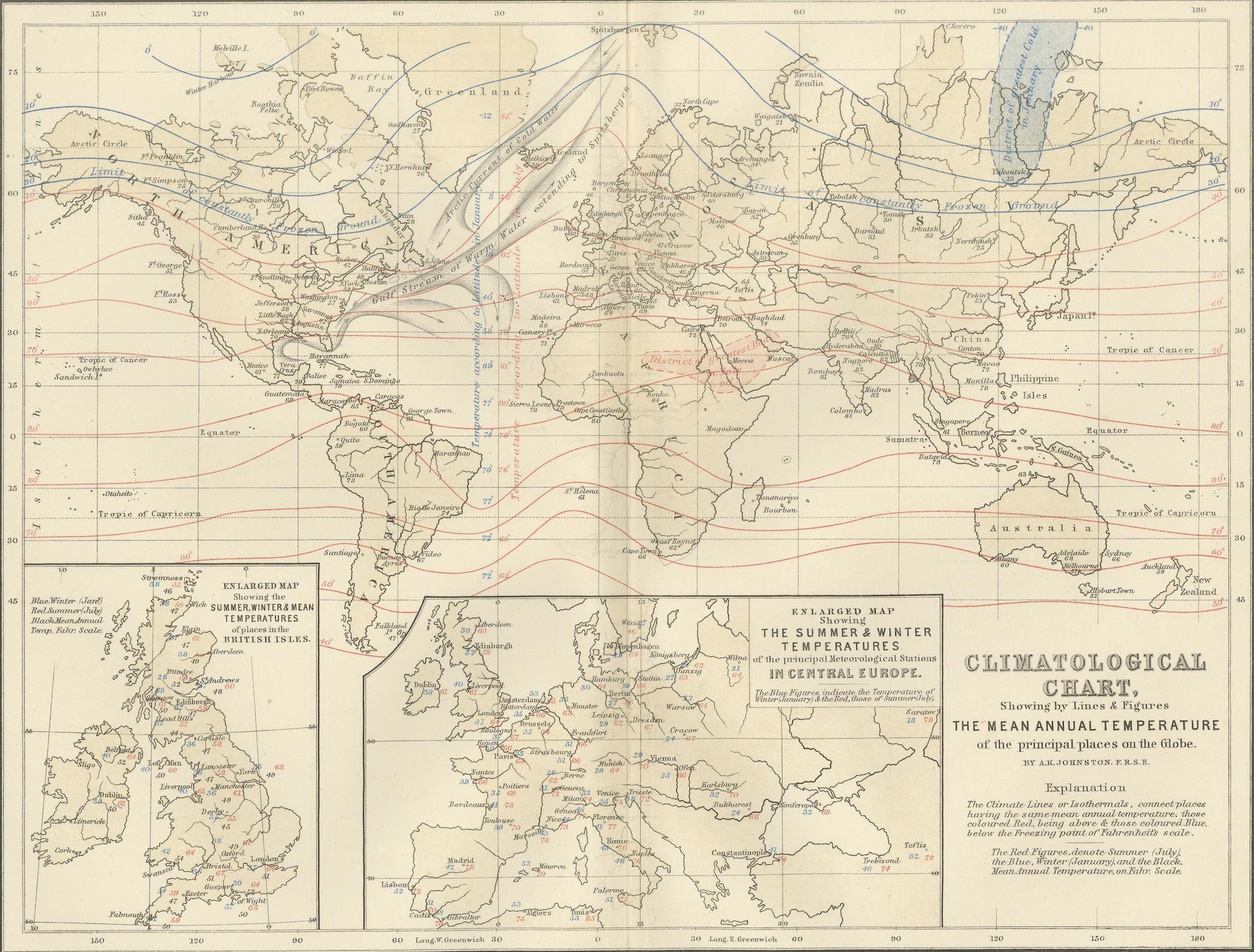 Climatological Map by A.K. Johnston – Global Temperatures Chart 1852

This exceptional antique map titled 
