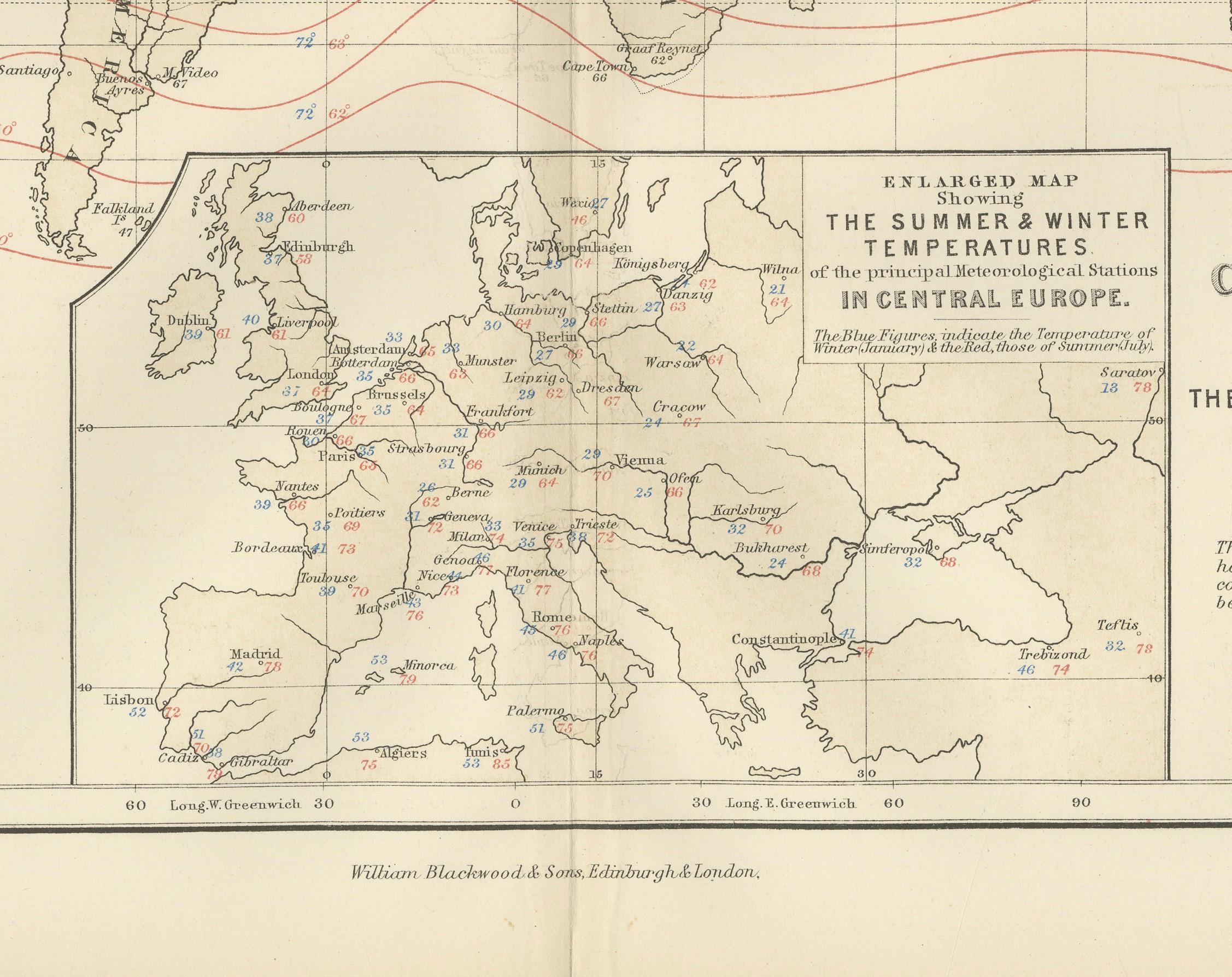 Scottish Climatological Map by A.K. Johnston – Global Temperatures Chart 1852 For Sale