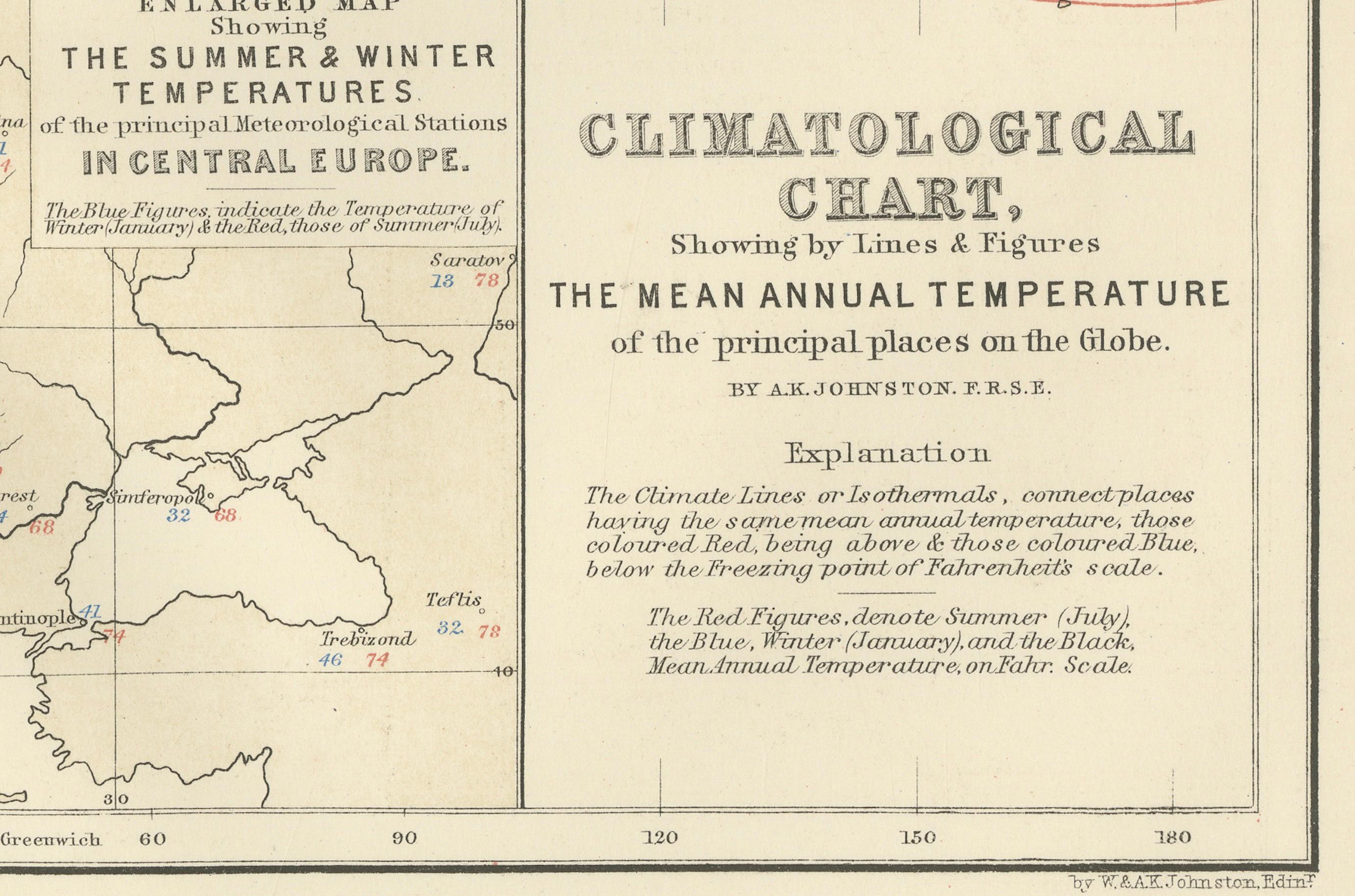 Climatological Map by A.K. Johnston – Global Temperatures Chart 1852 In Good Condition For Sale In Langweer, NL