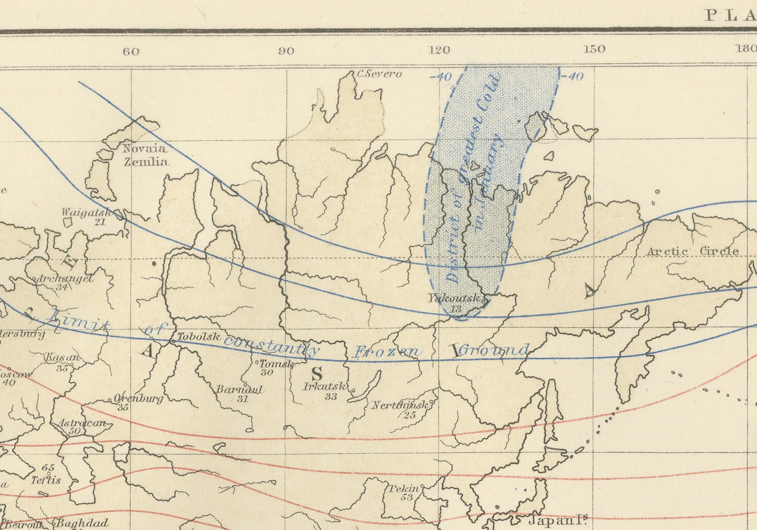 Paper Climatological Map by A.K. Johnston – Global Temperatures Chart 1852 For Sale