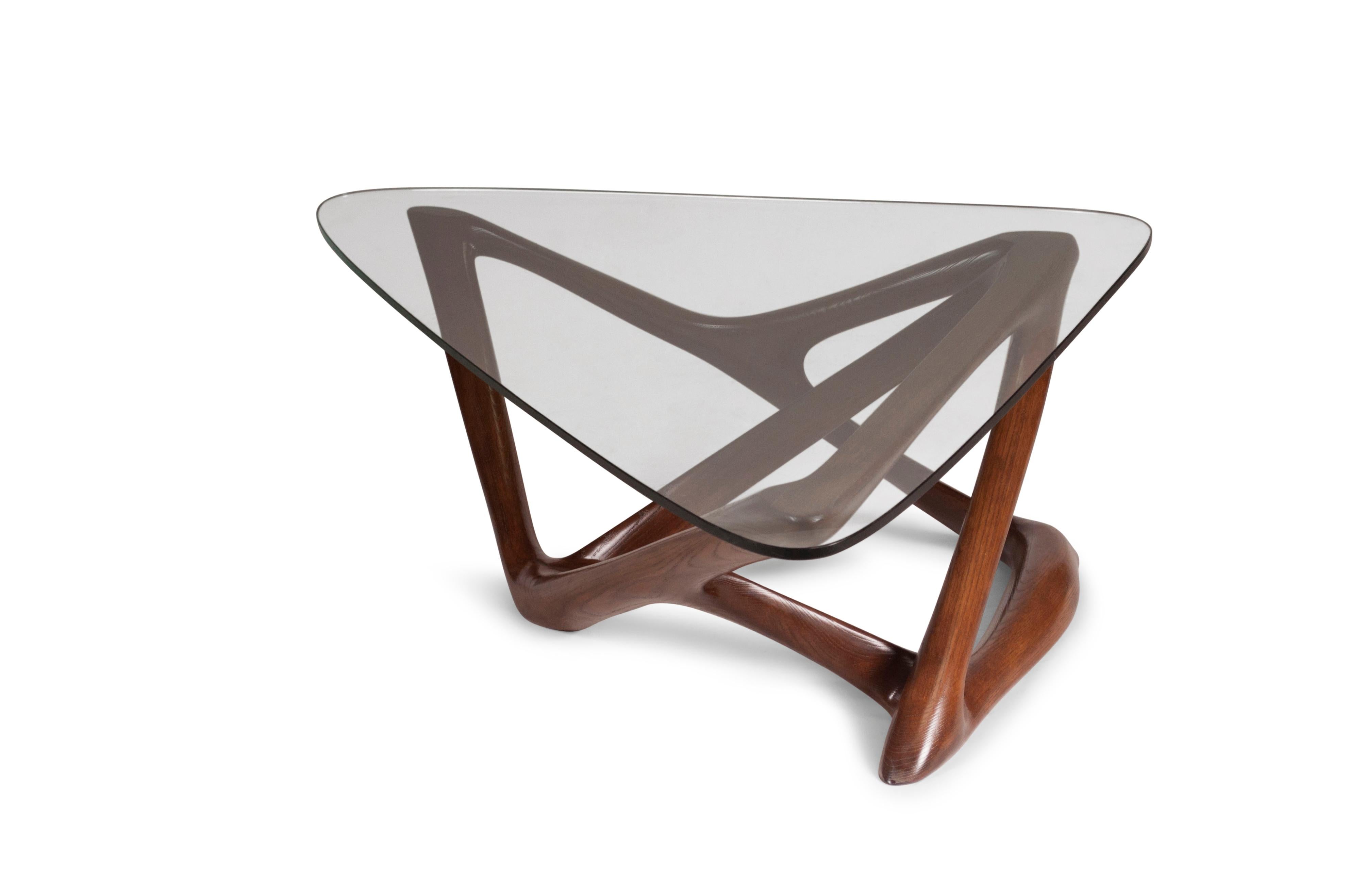 Modern Amorph Climax Coffee Table Solid Wood Walnut Finish with Organic Shape Glass For Sale