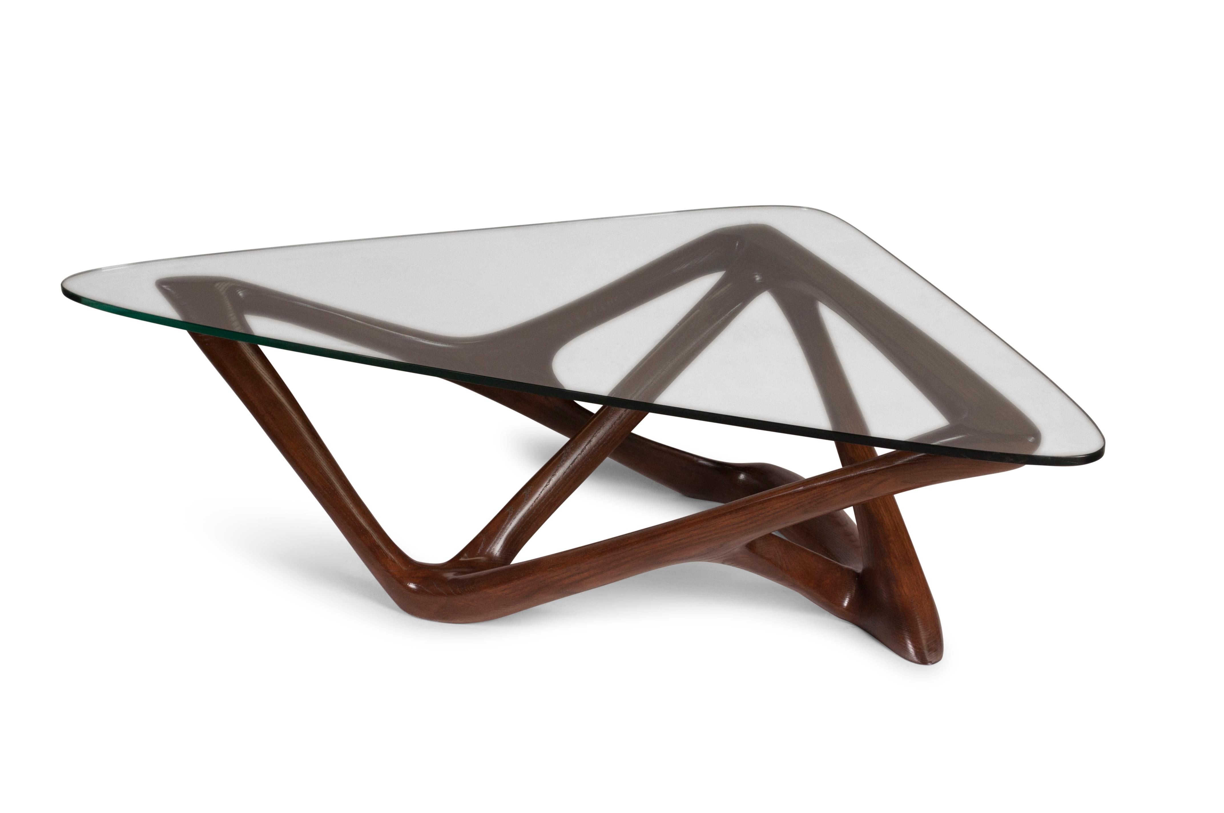 Carved Amorph Climax Coffee Table Solid Wood Walnut Finish with Organic Shape Glass For Sale